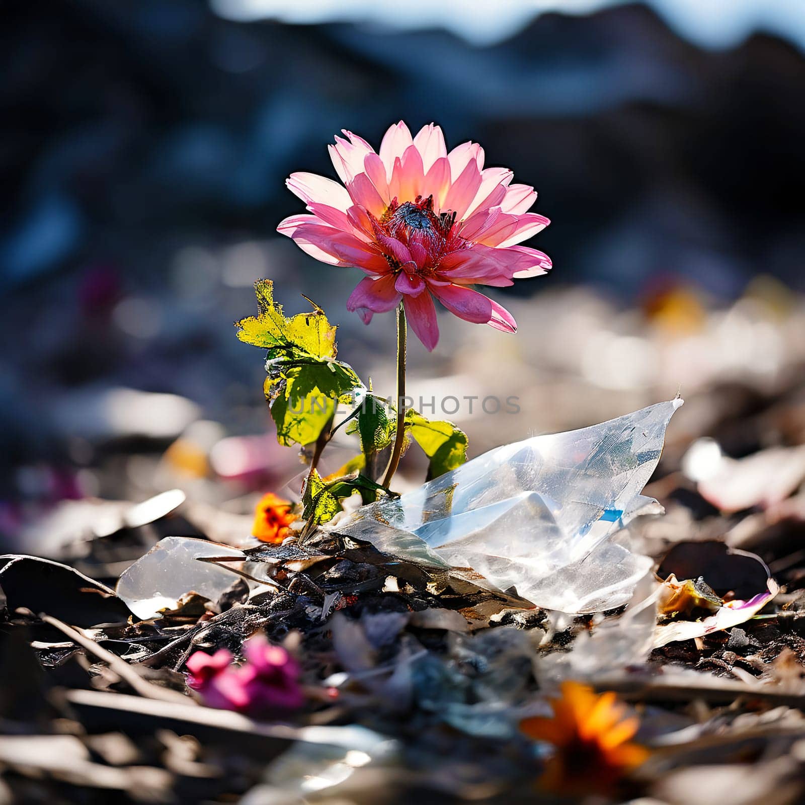 Ecological concept. Ecology problems of the planet Earth. High quality photo. Pink flower among mountains of garbage