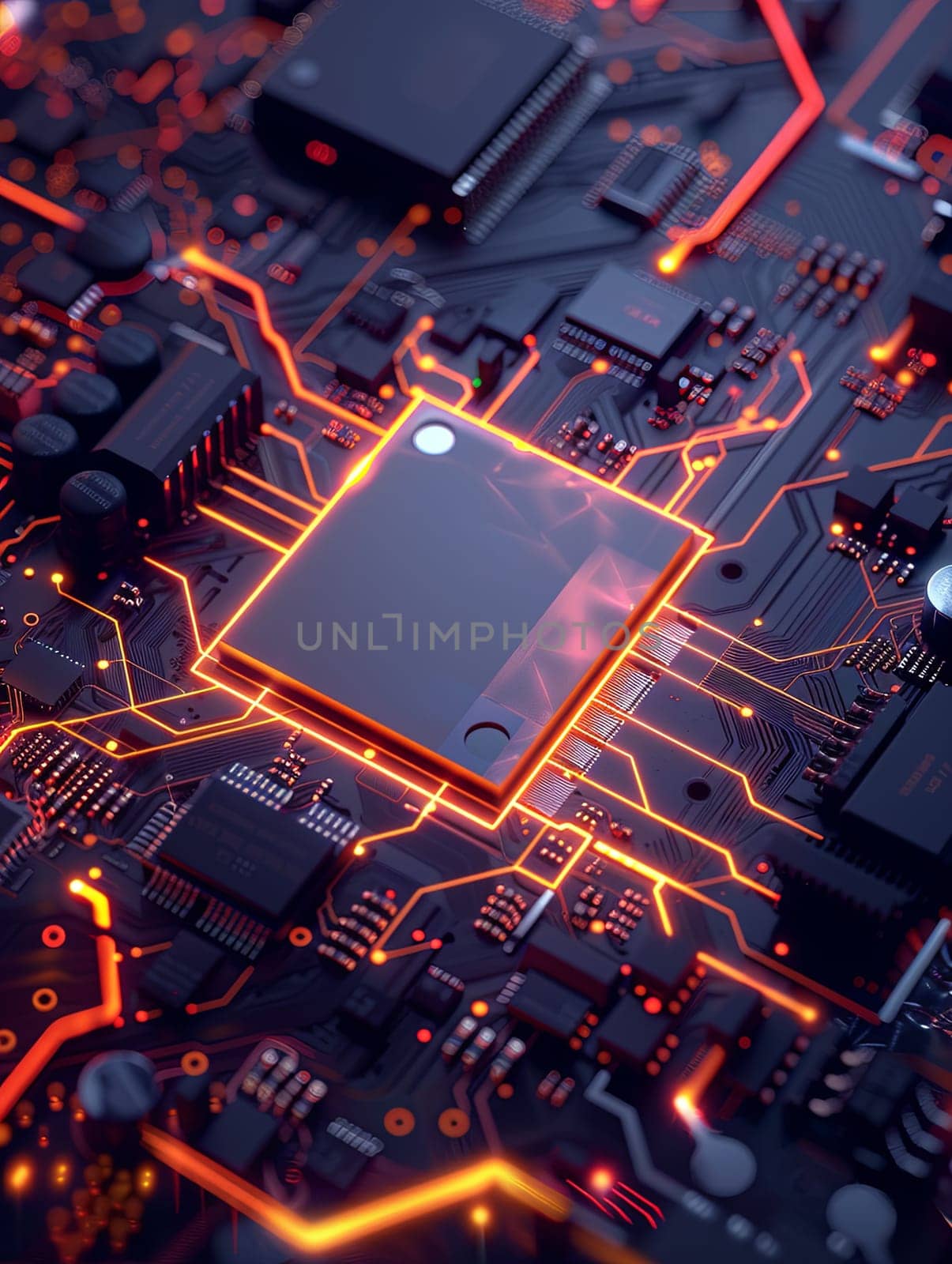 Close-up of a microchip on a motherboard surrounded by glowing digital data streams, representing AI processing power. Generative AI by AnatoliiFoto