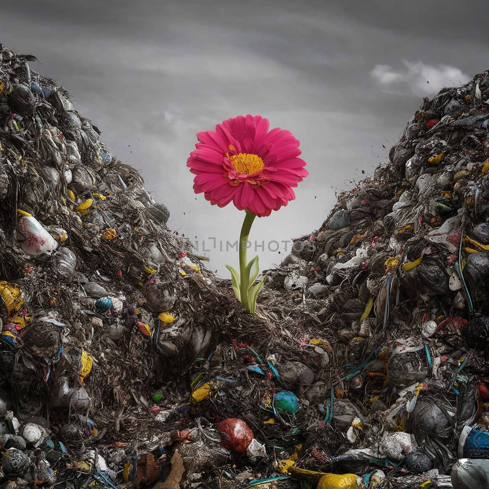 Ecological concept. Ecology problems of the planet Earth. High quality photo. Pink flower among mountains of garbage