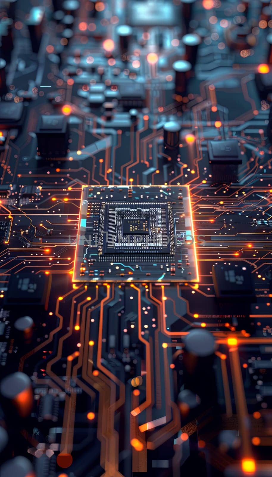 A close-up image of a modern microprocessor on a motherboard, surrounded by intricate digital data streams and glowing light effects, symbolizing the processing power of AI. Generative AI by AnatoliiFoto