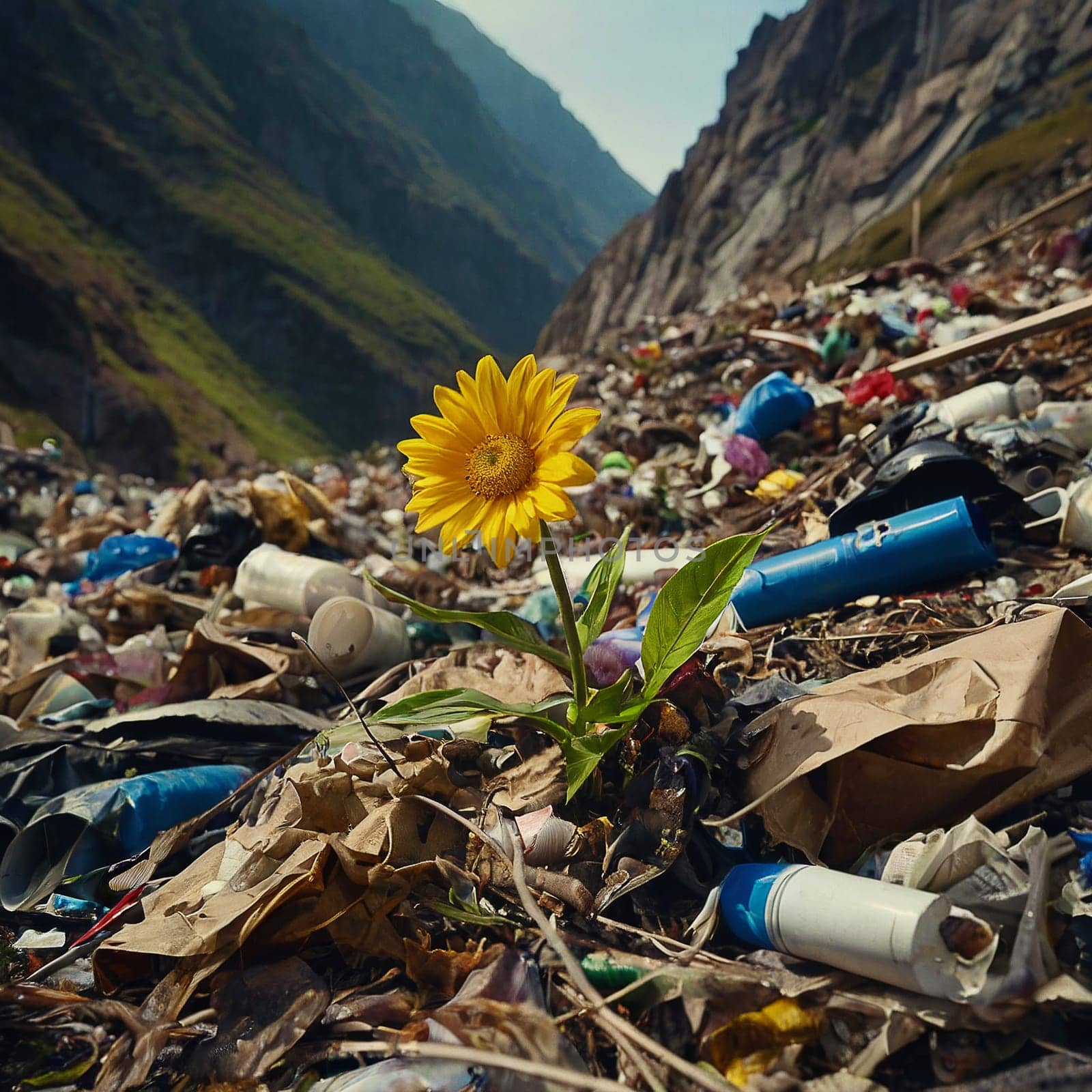 Yellow flower among mountains of garbage by VeronikaAngo
