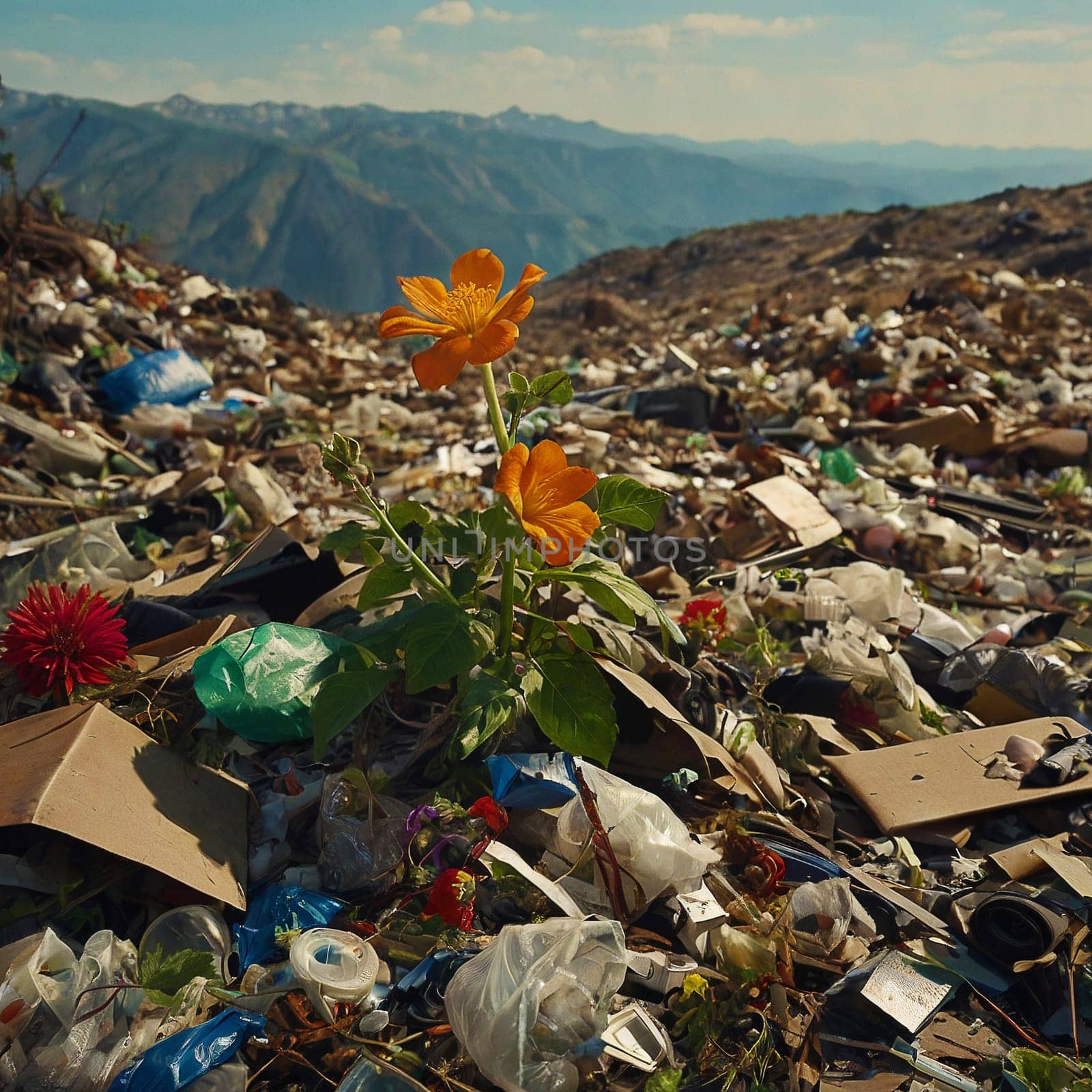 Orange flower among mountains of garbage. High quality photo