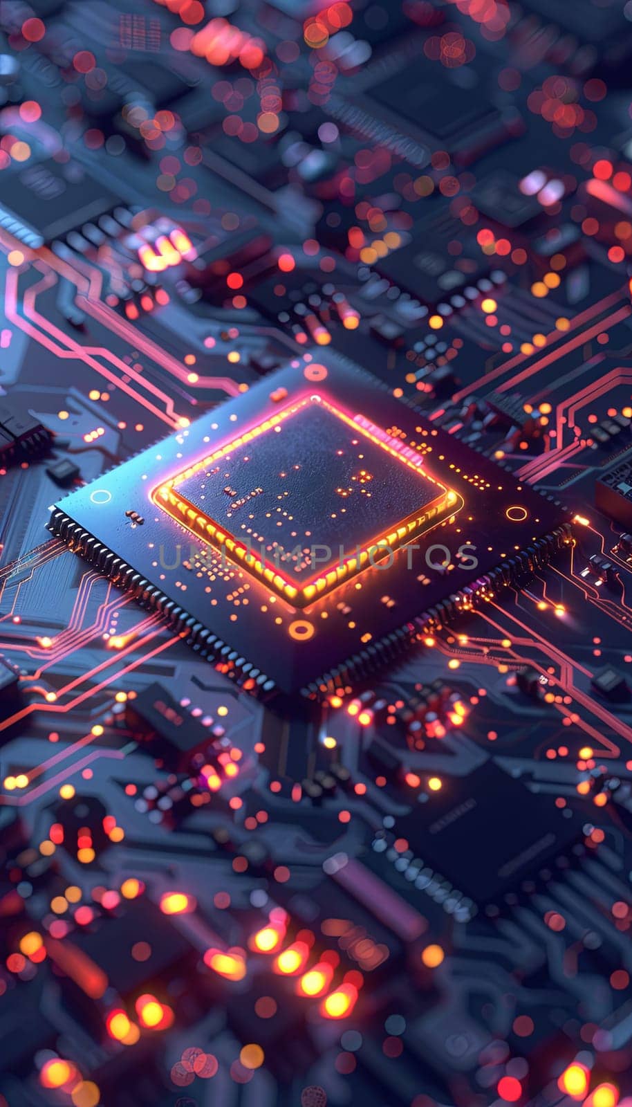 A close-up view of an advanced microprocessor, or chip, on a circuit board, surrounded by glowing digital data streams.