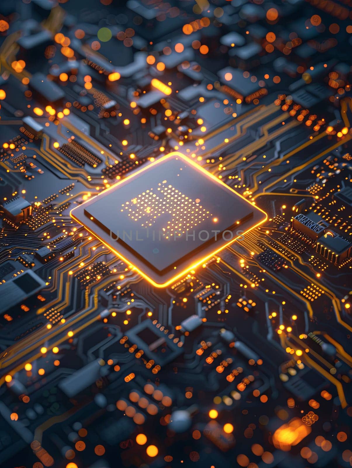 A close-up shot of a modern microprocessor on a motherboard, surrounded by intricate digital data streams and glowing light effects, symbolizing the power of AI.