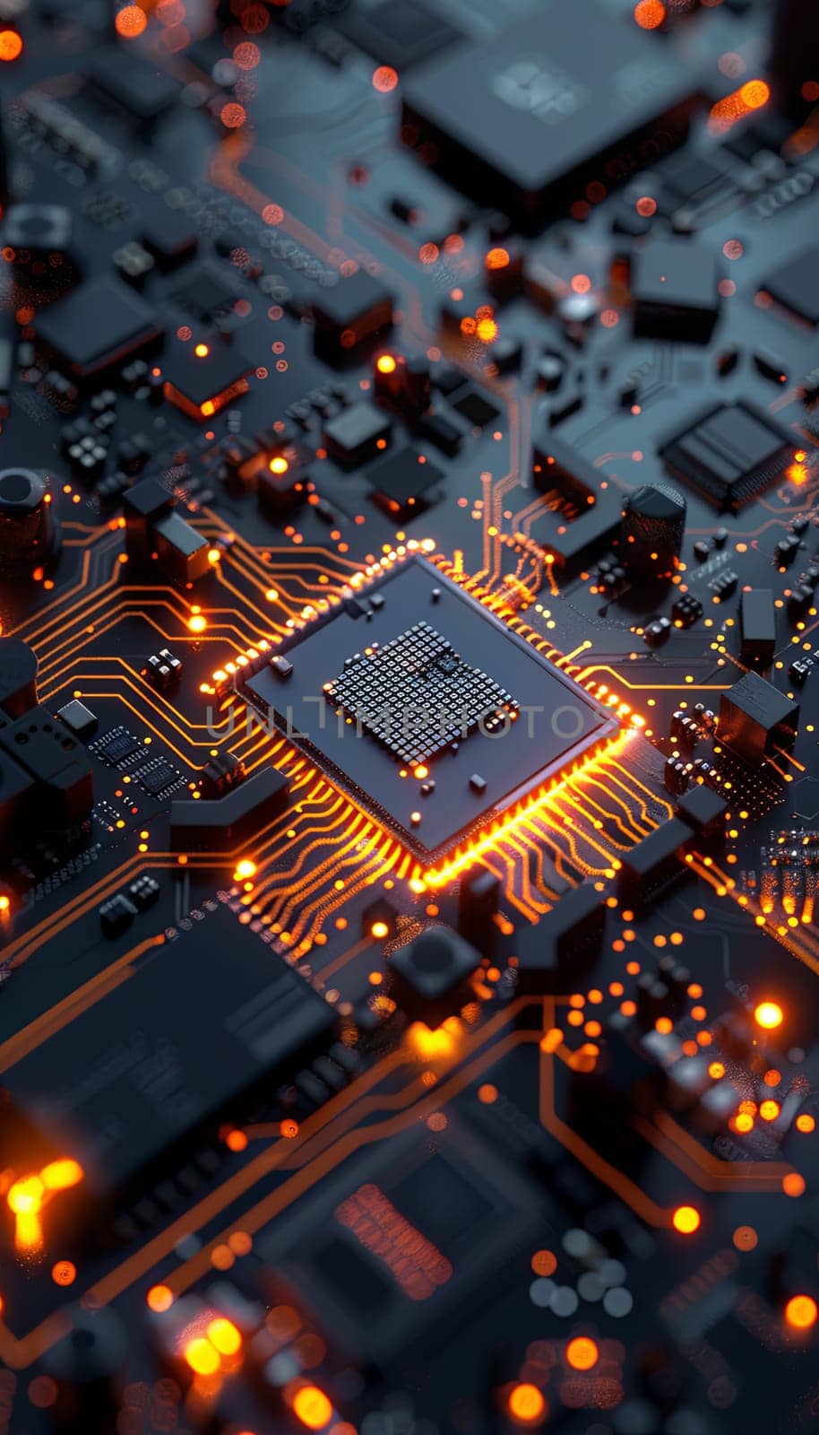 Close-up view of a modern microprocessor on a motherboard with glowing light effects, symbolizing the processing power of AI. Generative AI by AnatoliiFoto