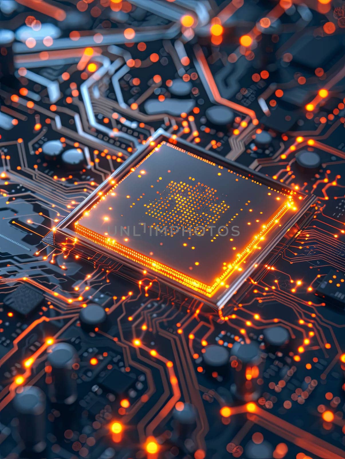 A close-up image showcasing a modern microprocessor on a motherboard, surrounded by intricate digital data streams and glowing light effects. Generative AI by AnatoliiFoto