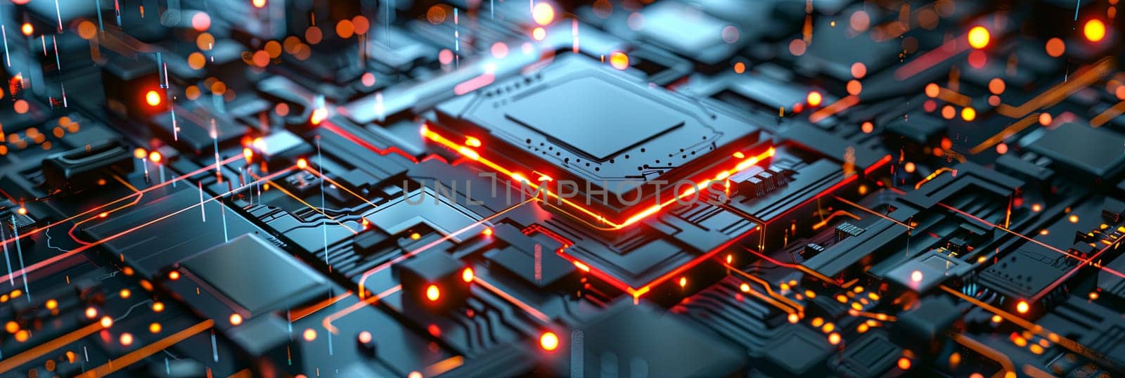 A close-up view of a modern microprocessor on a motherboard, surrounded by intricate digital data streams and glowing light effects, symbolizing the processing power of AI.