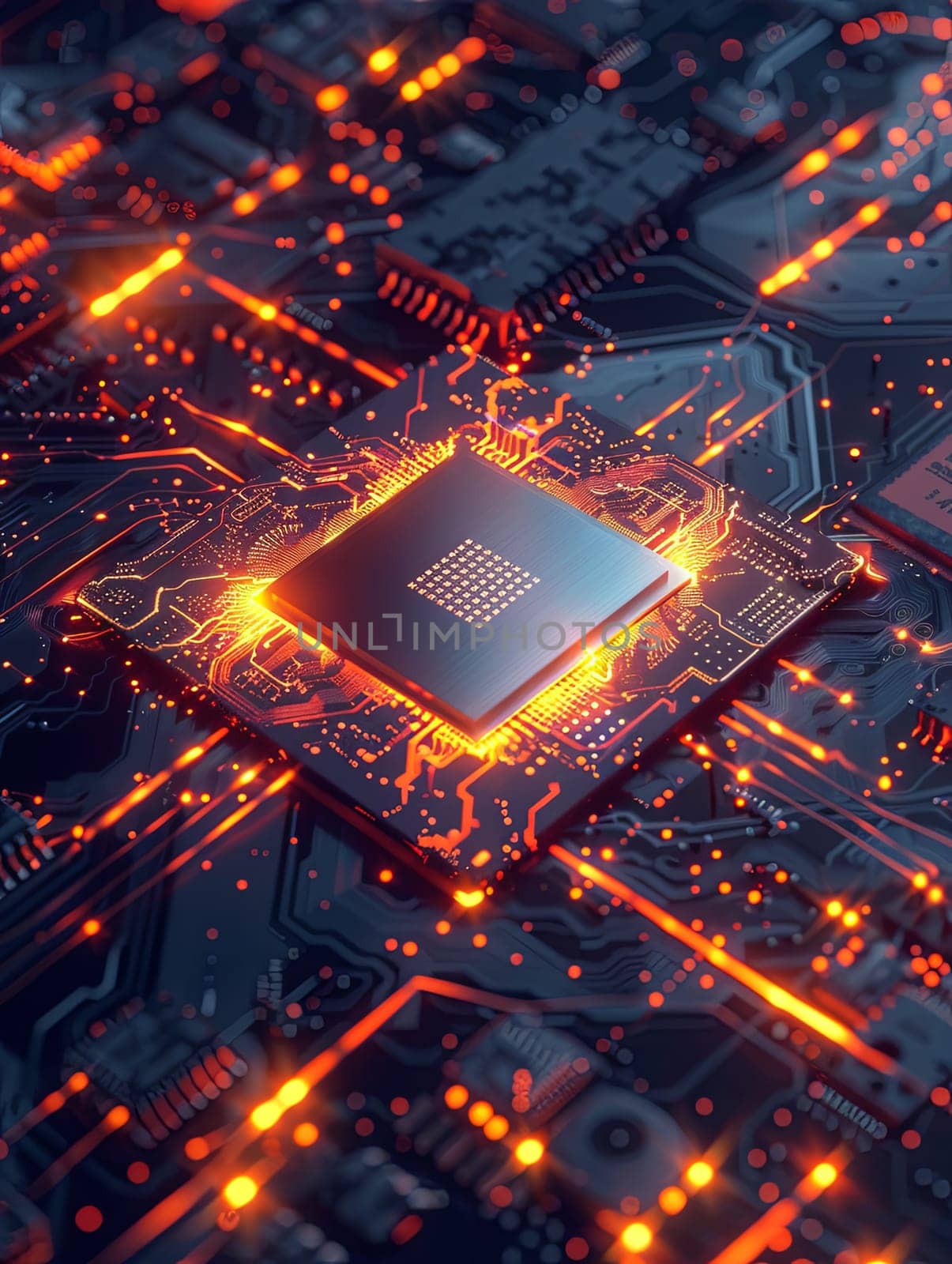 An ultra-modern microprocessor or chip on a motherboard, surrounded by intricate digital data streams and glowing light effects, symbolizing the processing power of AI.