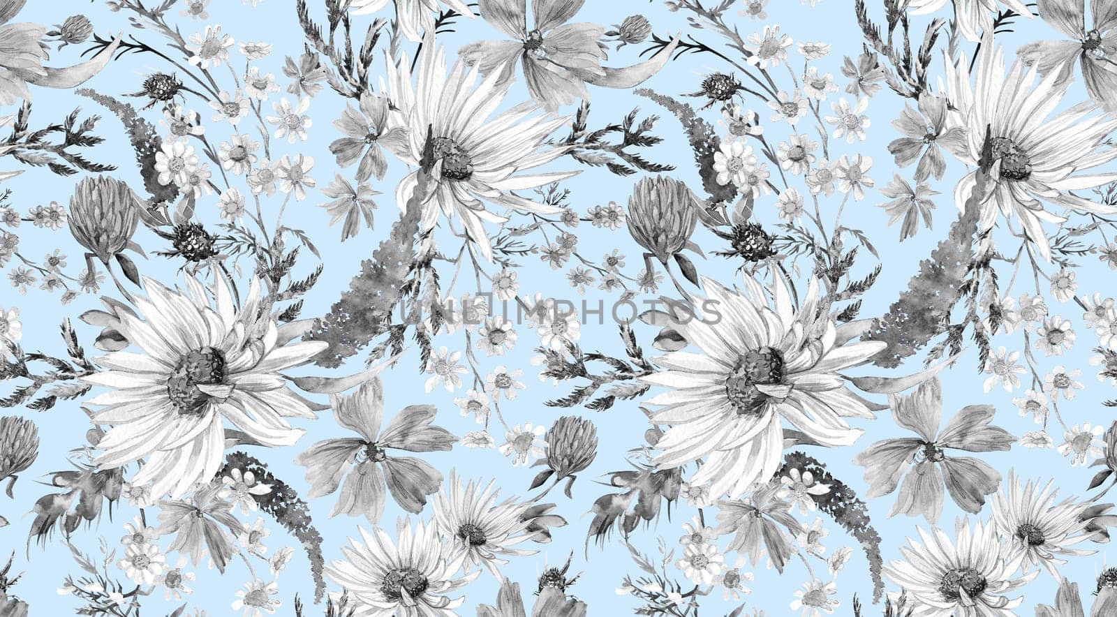 Seamless monochrome watercolor pattern with daisies and wildflowers drawn in watercolor