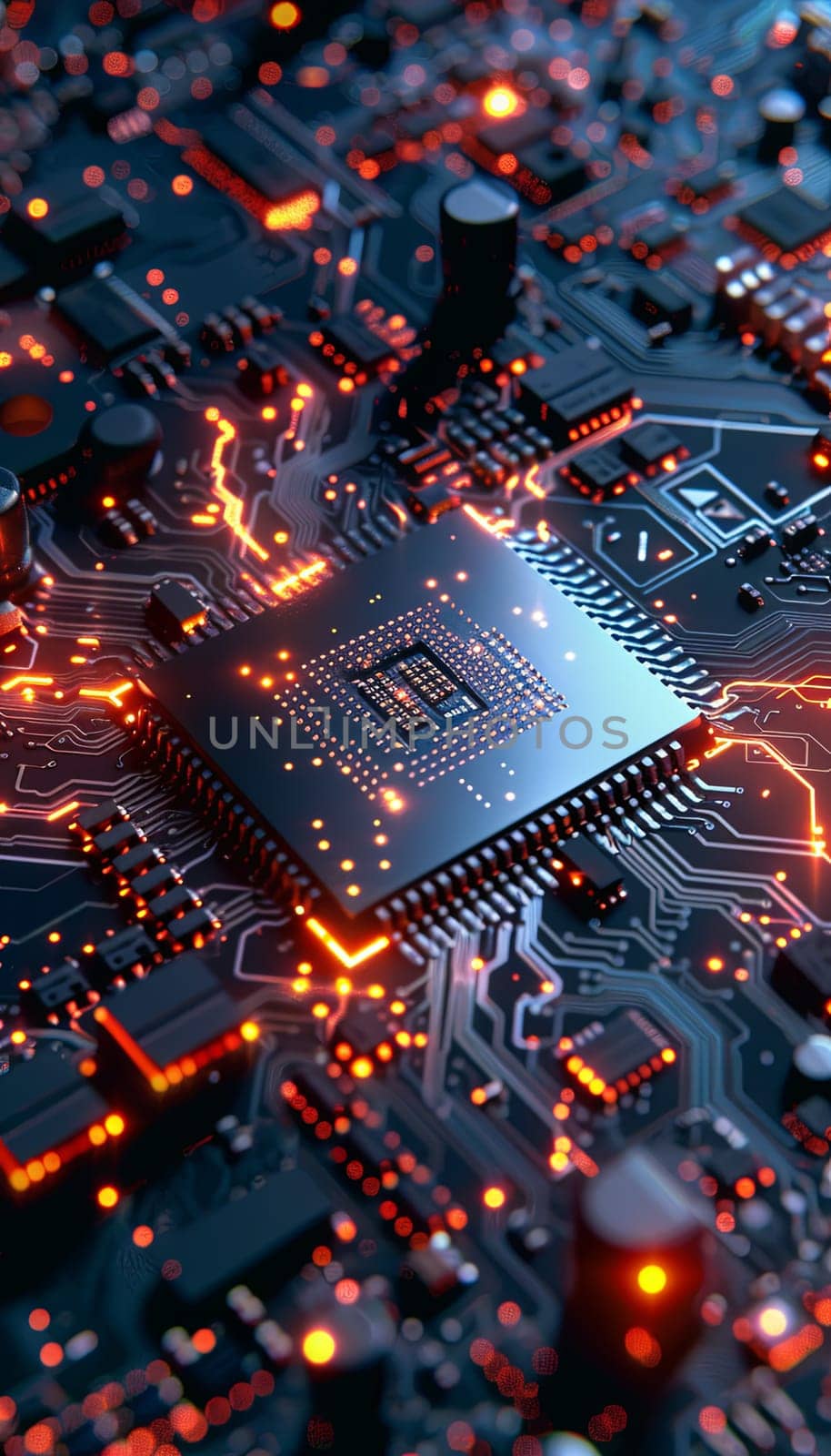 A close-up view of a modern microprocessor on a motherboard, surrounded by digital data streams and glowing light effects.