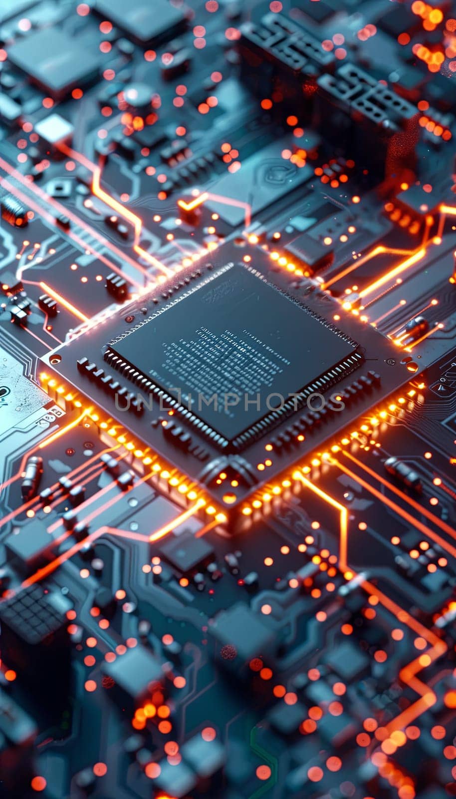 Close-up of a modern microprocessor on a motherboard, surrounded by intricate digital data streams and glowing light effects, symbolizing the processing power of AI.