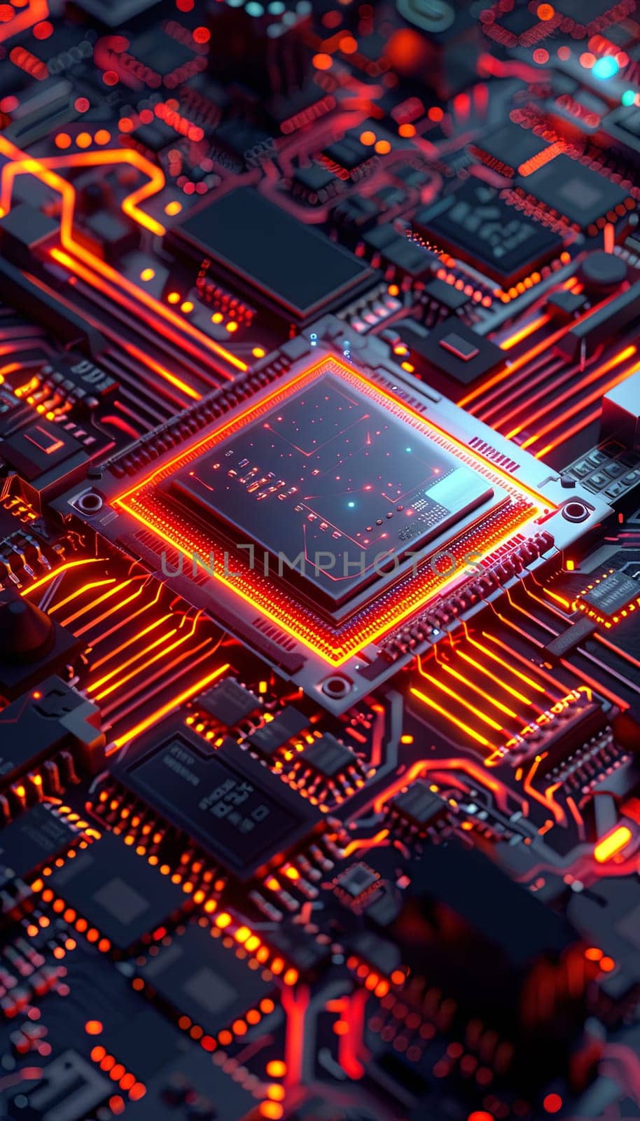 A close-up shot of a microprocessor on a motherboard, illuminated by glowing data streams, showcasing the processing power of AI.