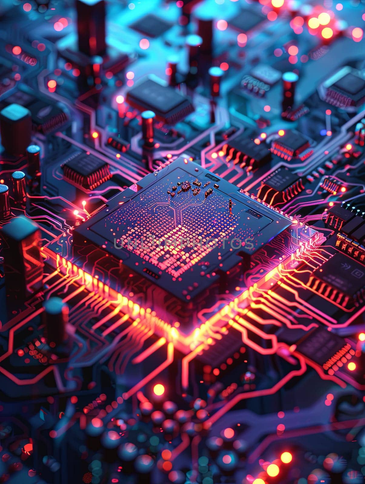 A close-up of a modern microprocessor on a circuit board, surrounded by glowing data streams, signifying the power of AI. Generative AI by AnatoliiFoto