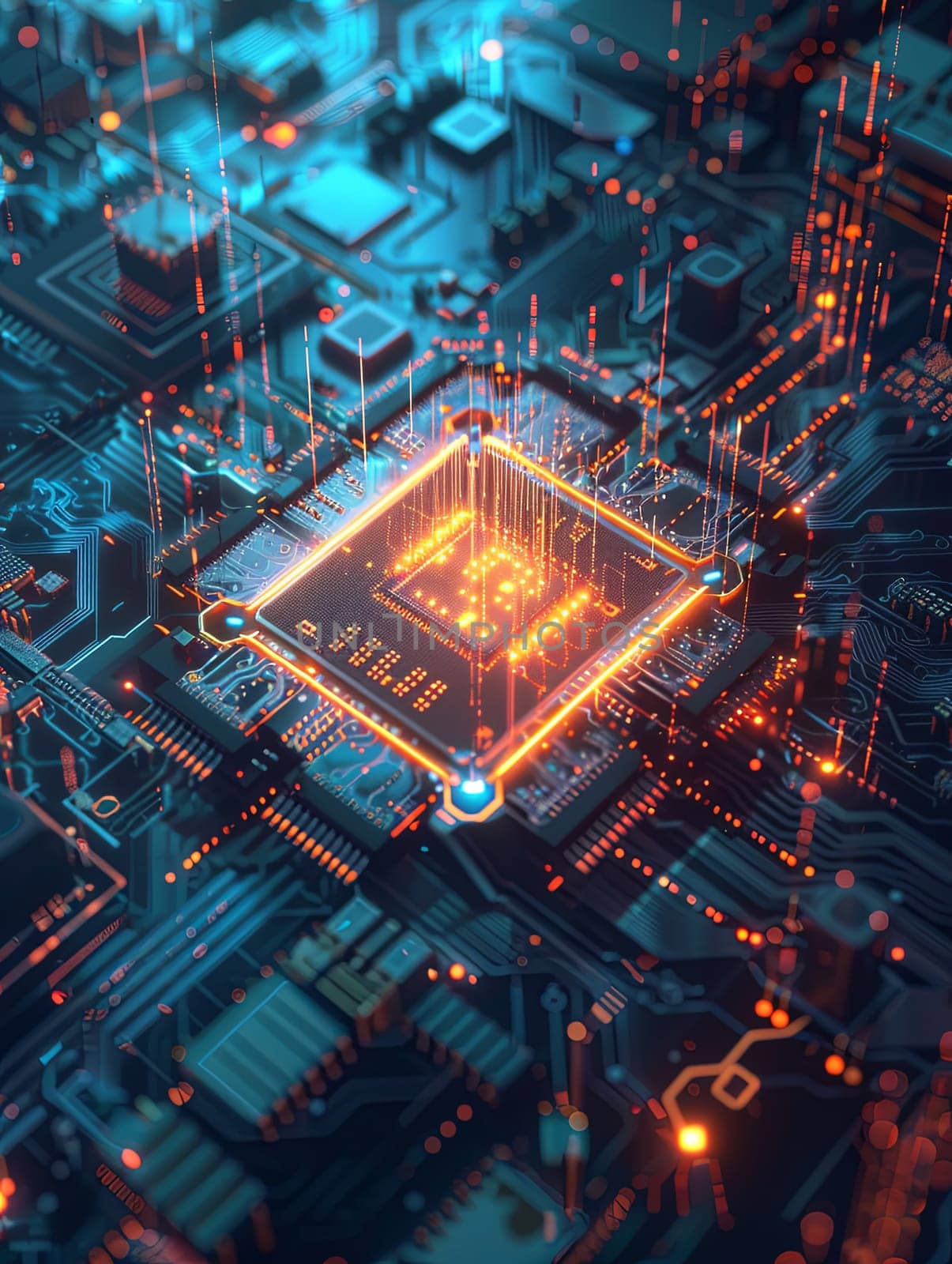 A close-up of a modern microprocessor or chip on a motherboard, surrounded by intricate digital data streams and glowing light effects, symbolizing the processing power of AI.