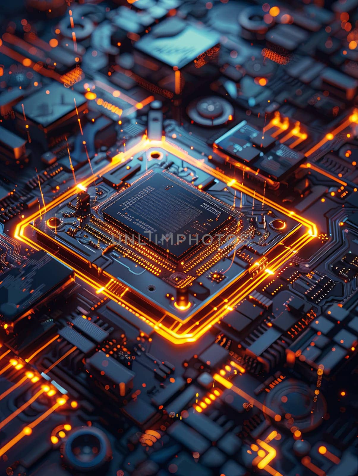 A close-up image of a powerful microprocessor surrounded by glowing digital data streams on a motherboard. Generative AI by AnatoliiFoto