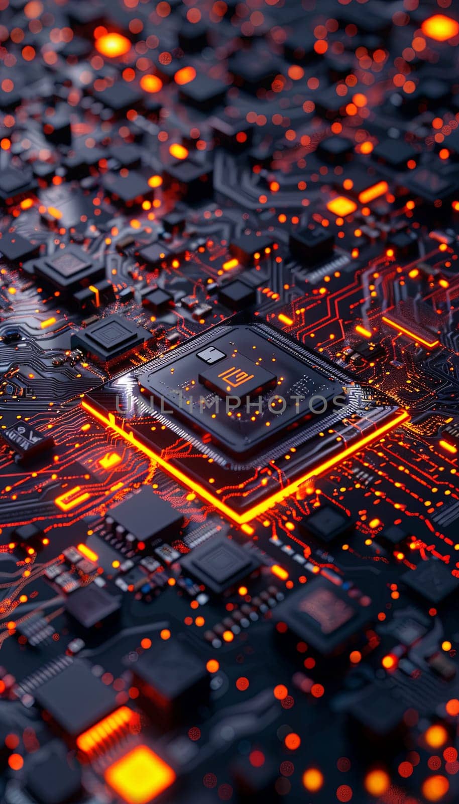 Close-up of a modern microprocessor on a motherboard, surrounded by intricate digital data streams and glowing light effects. Generative AI by AnatoliiFoto