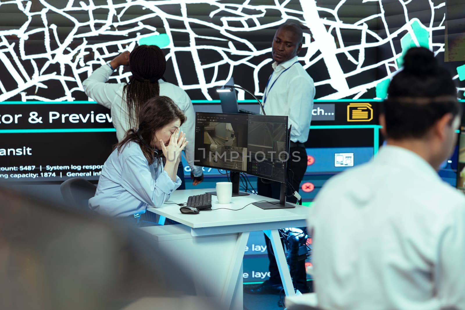 Sleepy frustrated woman monitoring and locating couriers in traffic by DCStudio