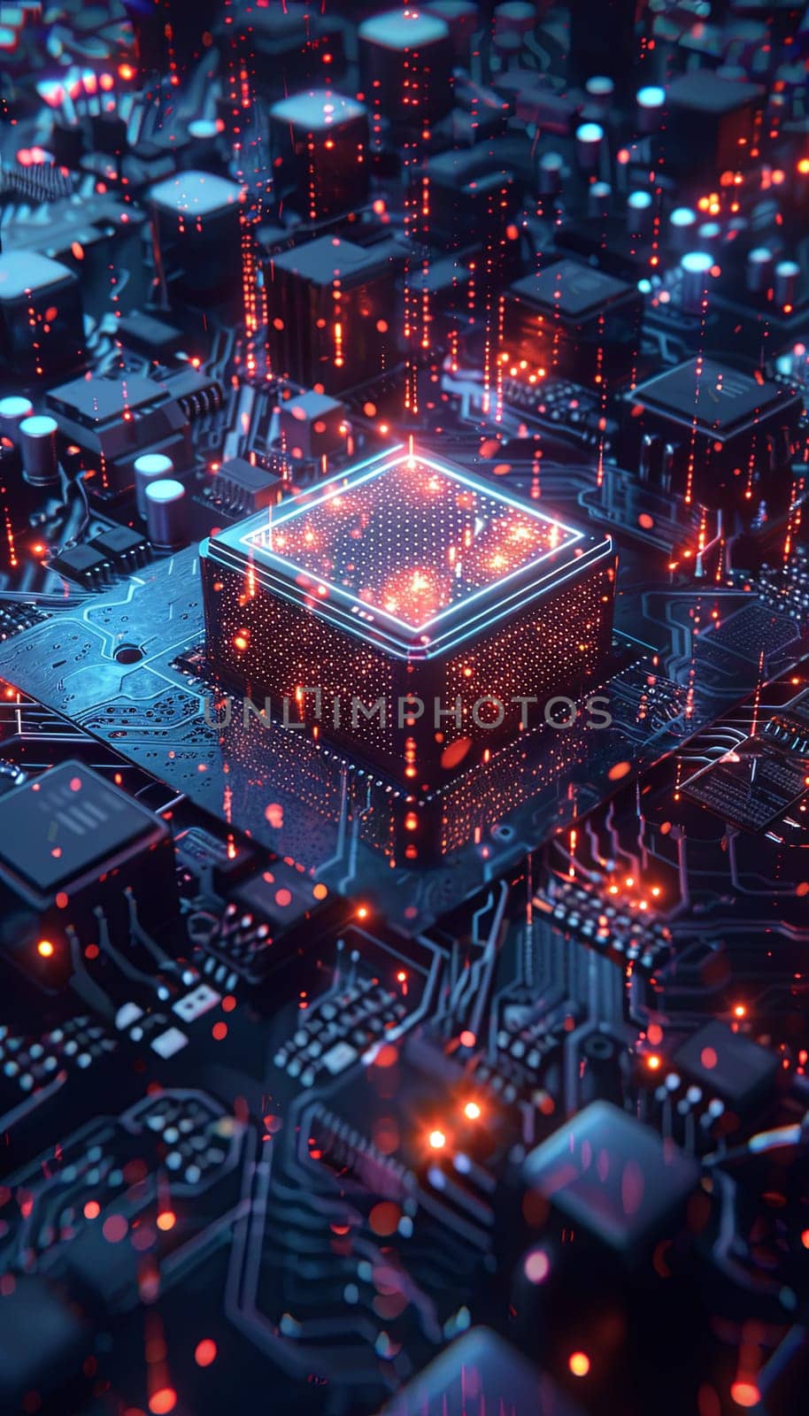 A close-up of a modern microprocessor, surrounded by intricate digital data streams and glowing light effects, symbolizing the processing power of AI.