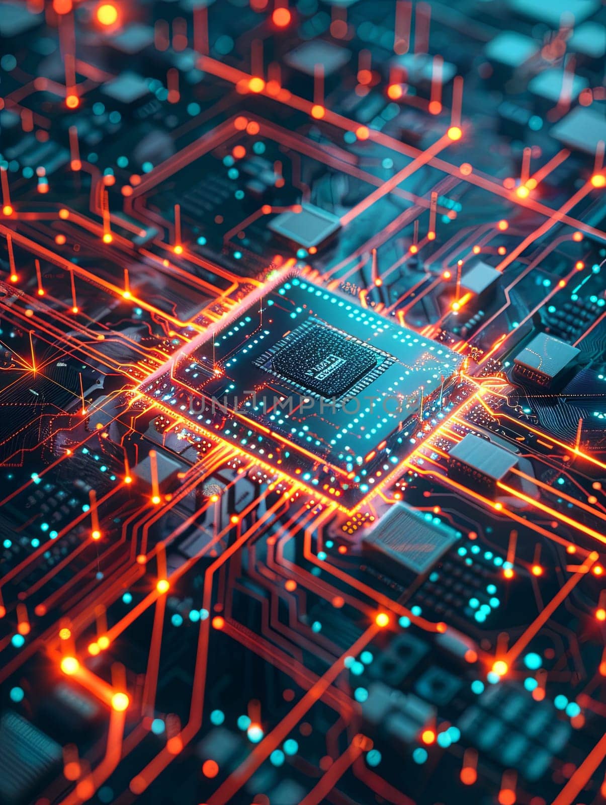 An ultra-modern microprocessor on a motherboard, surrounded by intricate digital data streams and glowing light effects, symbolizing the processing power of AI.