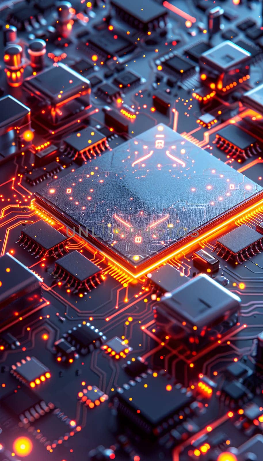 A close-up view of a modern microprocessor on a circuit board, surrounded by glowing data streams and lights, symbolizing AI processing power.