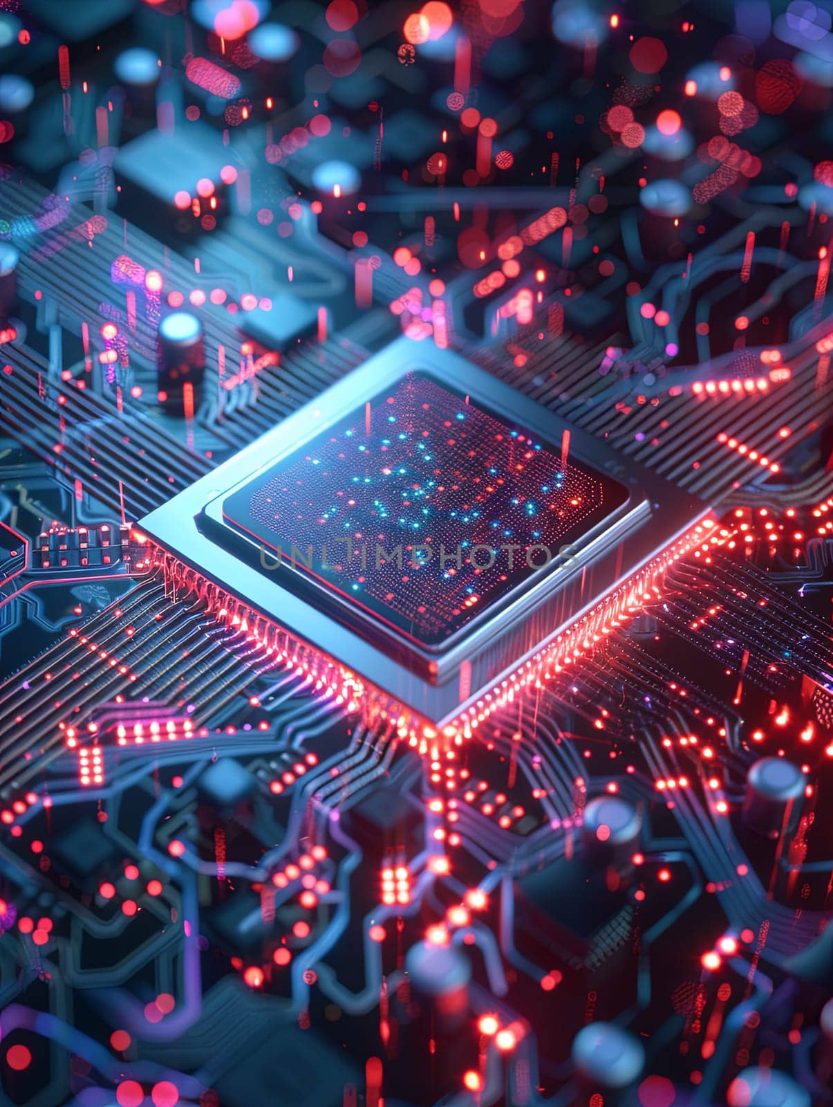 A modern chip on a motherboard, surrounded by digital data streams and light effects, represents the power of AI processing. Generative AI by AnatoliiFoto