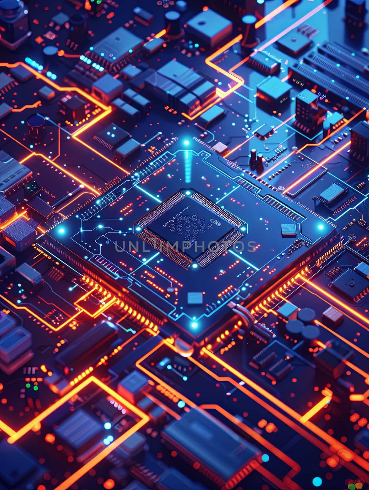 A close-up image of a modern microprocessor on a motherboard, surrounded by glowing digital data streams. Generative AI by AnatoliiFoto