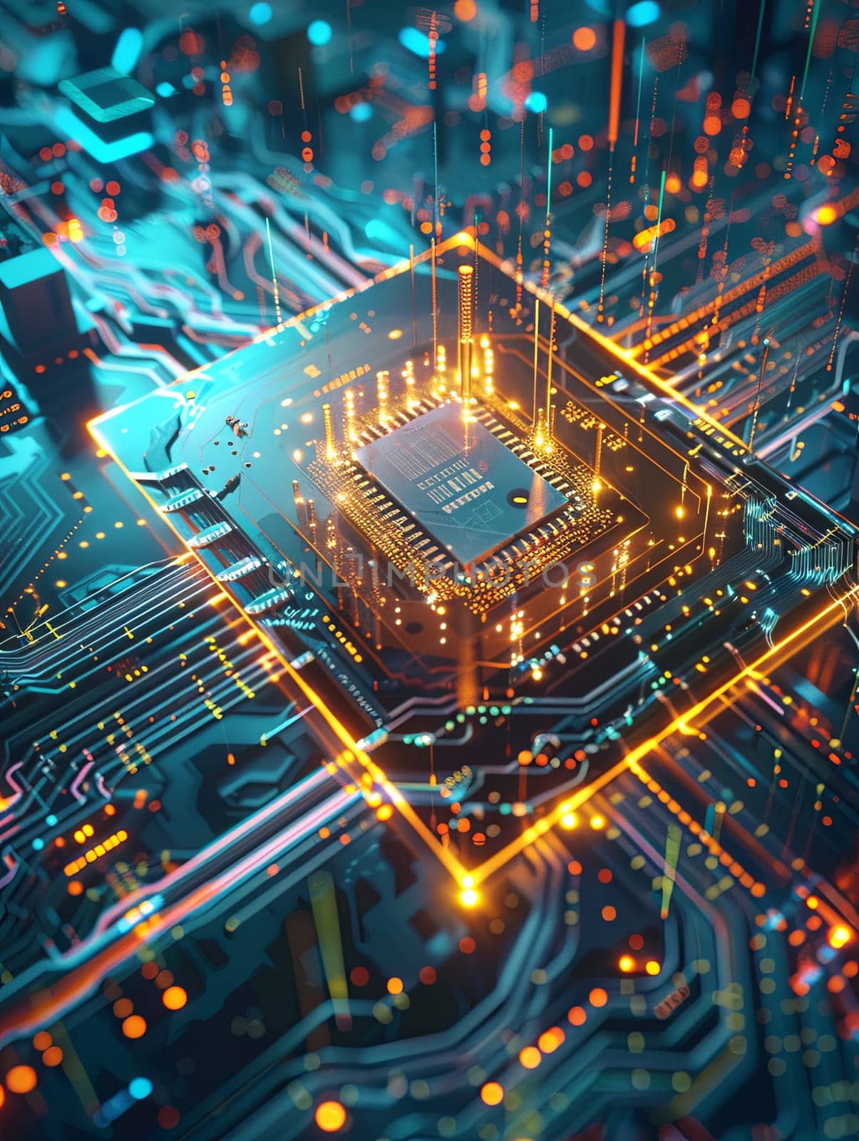 An ultra-modern microprocessor, surrounded by glowing light effects and intricate data streams, representing the power of artificial intelligence.