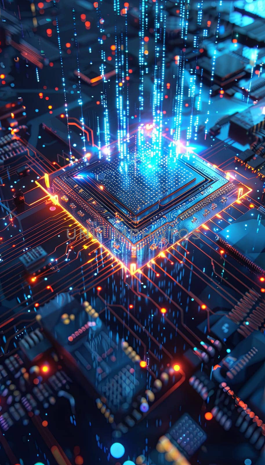 A close-up view of a microprocessor or chip on a motherboard, surrounded by intricate digital data streams and glowing light effects.