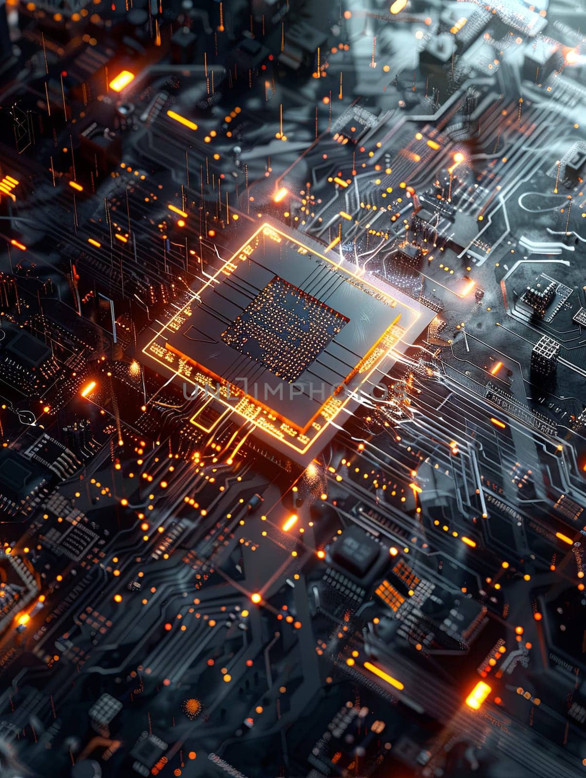 A modern microchip on a motherboard with digital data streams and lights symbolizes artificial intelligences processing power.