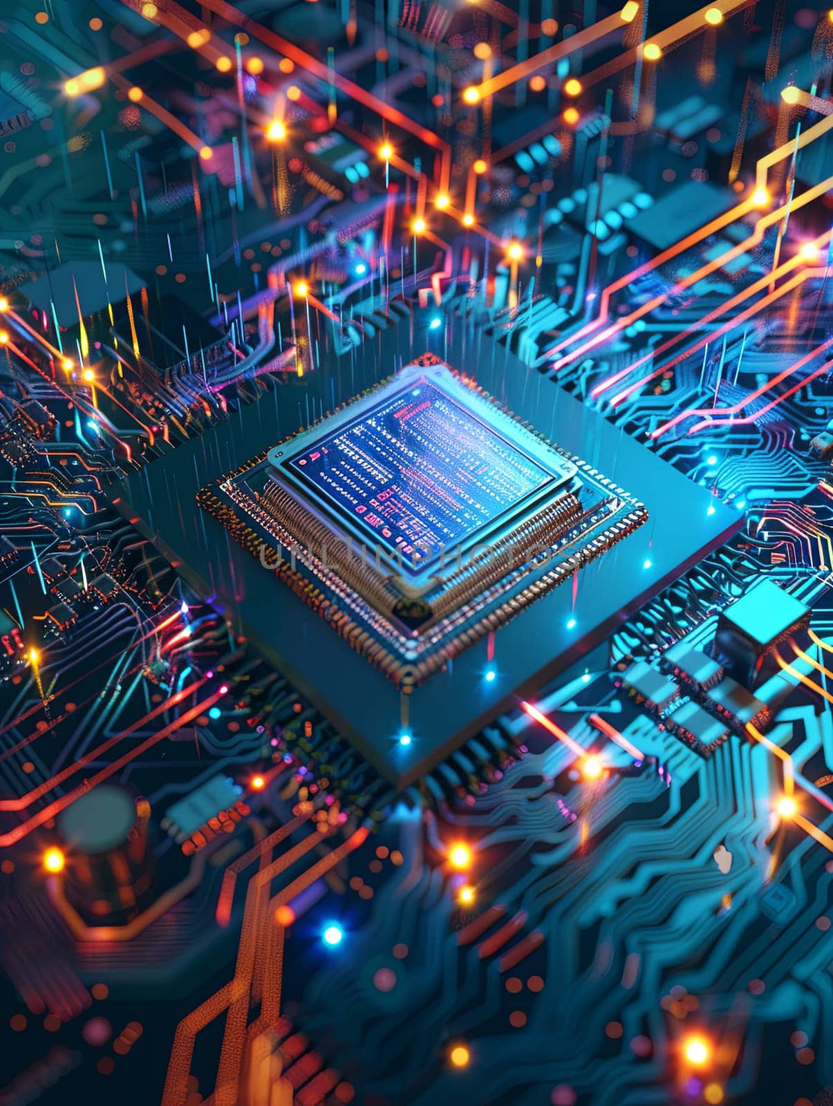 Close-up view of an ultra-modern microprocessor on a circuit board, illuminated by glowing light and digital data streams.