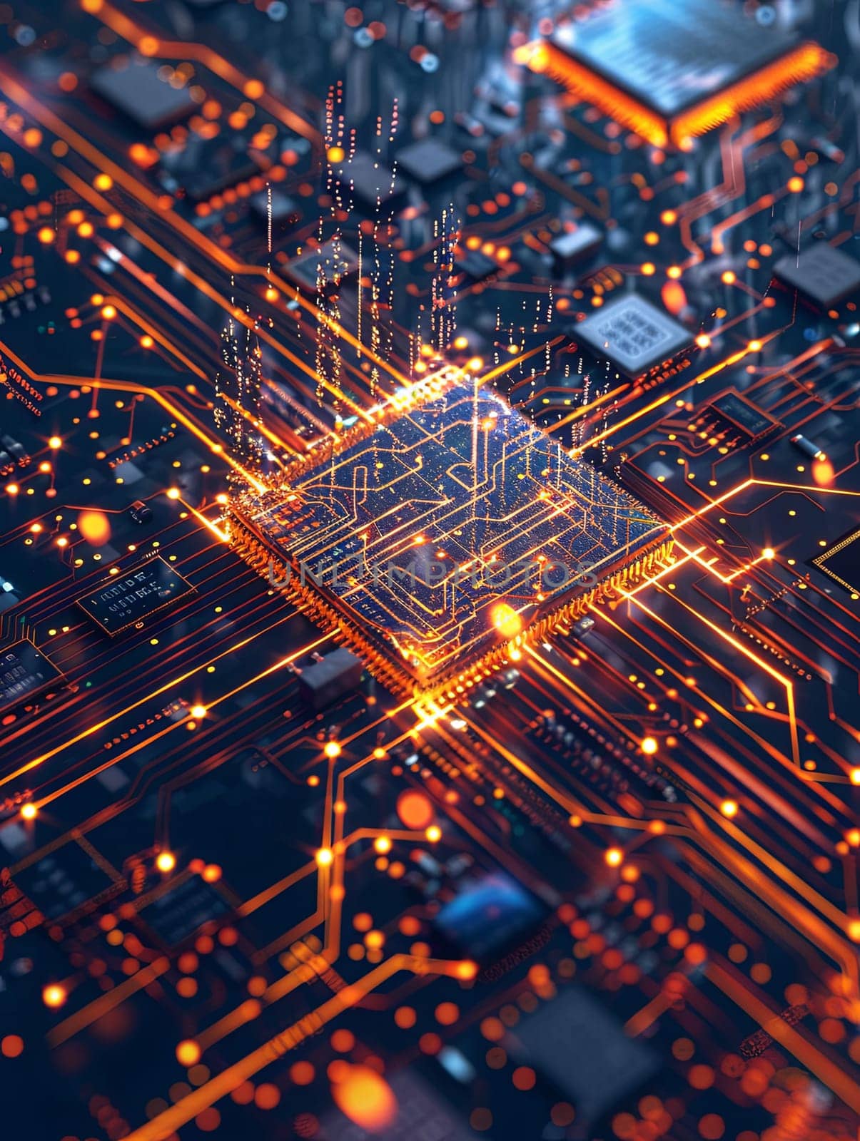 A close-up view of a modern microprocessor or chip on a motherboard, surrounded by intricate digital data streams and glowing light effects.