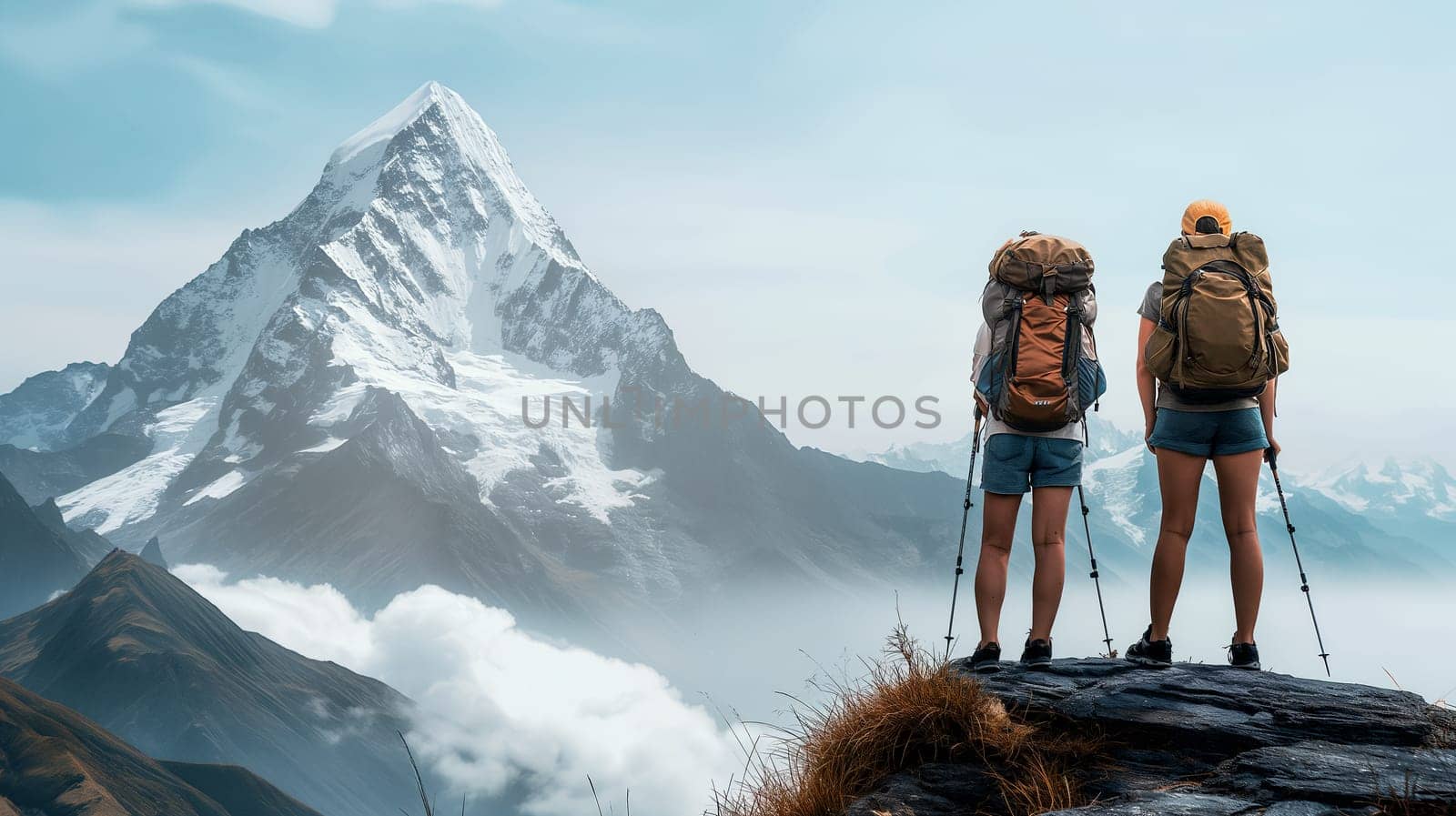 Two hikers with backpacks stand on a rocky outcrop, facing a stunning snow-capped mountain peak as the evening sky casts a serene hue - Generative AI