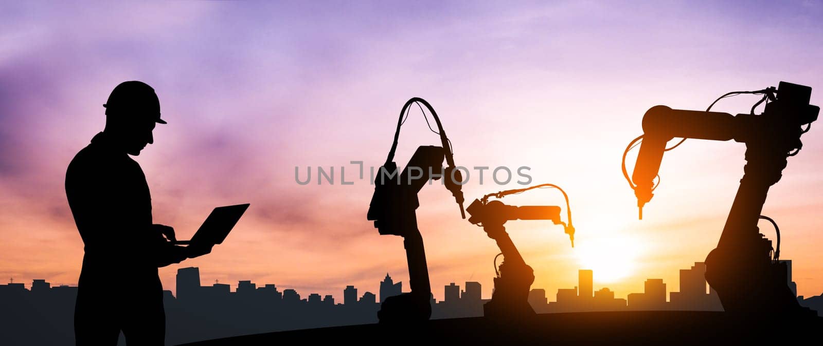 MLP Mechanized industry of future factory double exposure image. Concept of robotics technology for industrial revolution and automated manufacturing process.