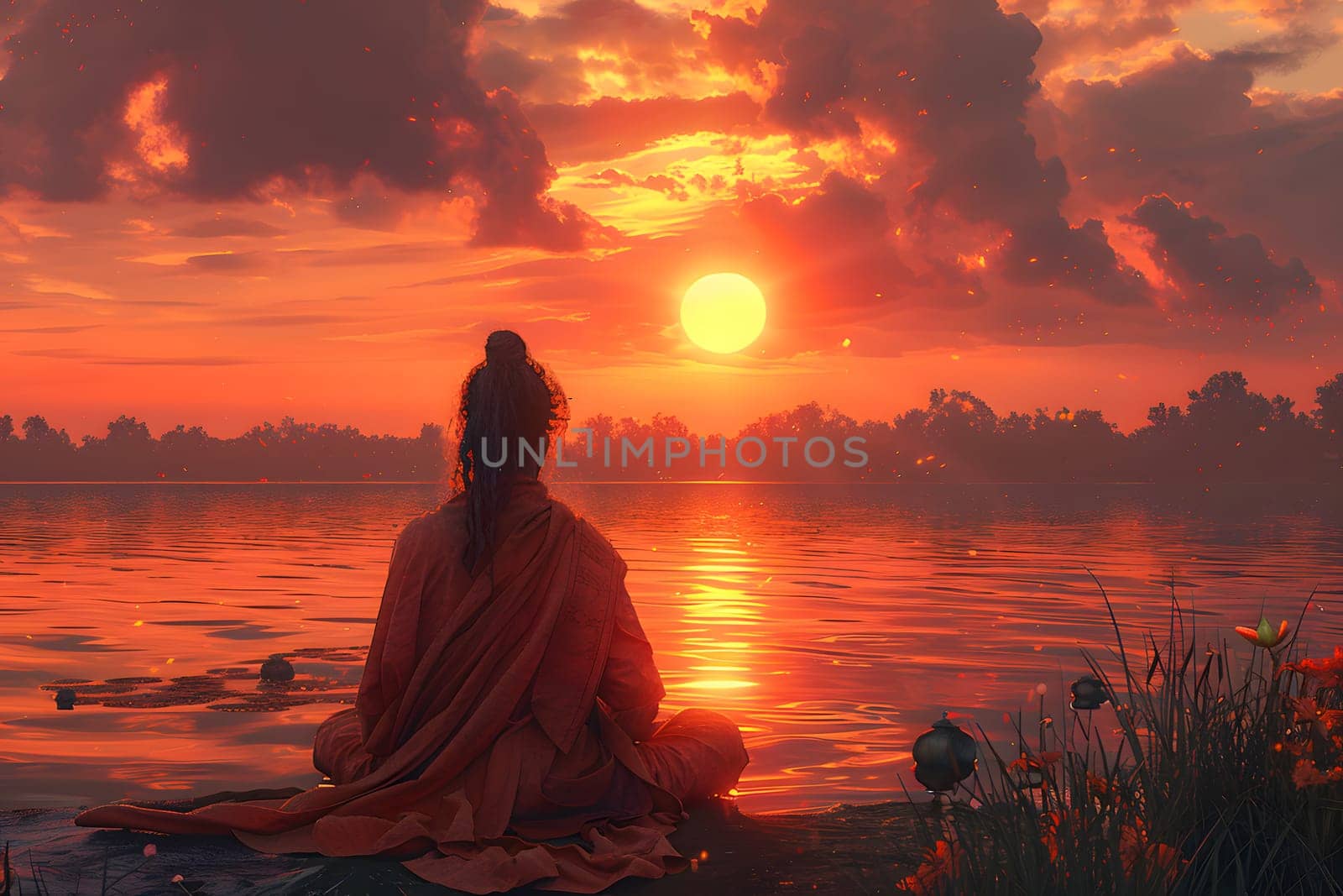 Guru Sitting on Blanket by Water by Ceballos