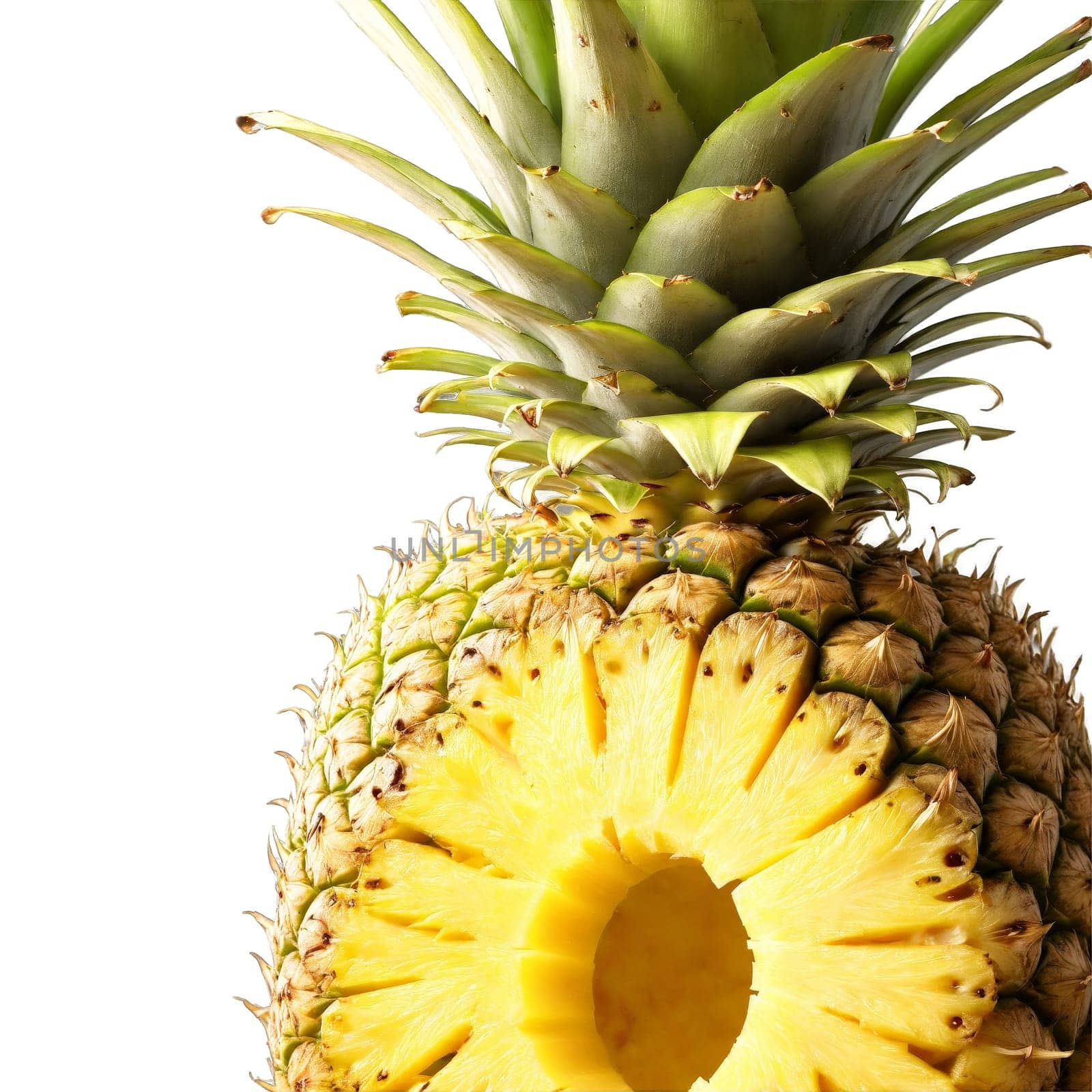 Pineapple Spiral Shape A golden ripe pineapple cut into a spiral shape with juicy chunks. Food isolated on transparent background.