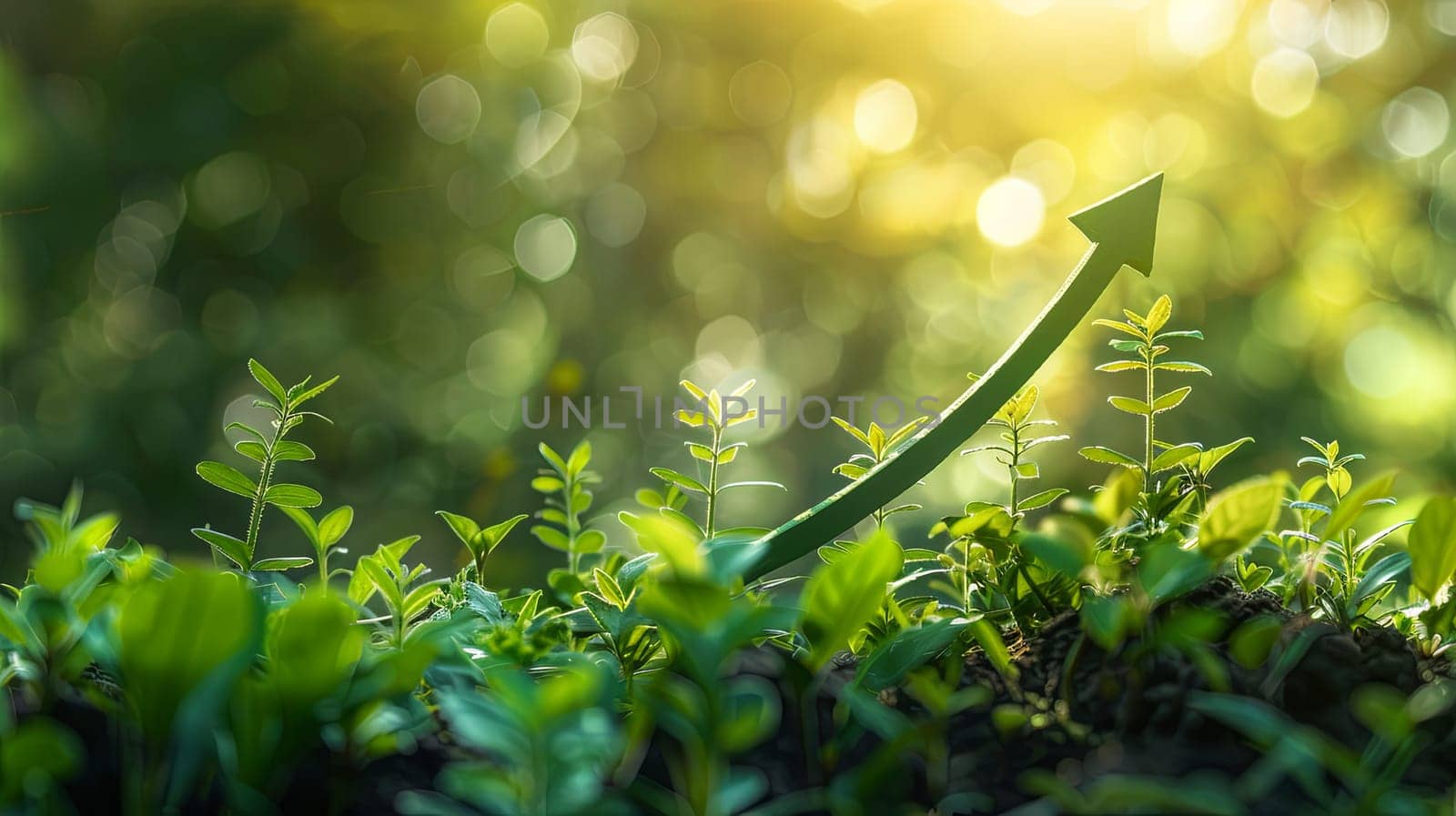 An upward green arrow symbolizing the growing trend in sustainable investment, representing green finances and ecological practices. Generative AI by AnatoliiFoto