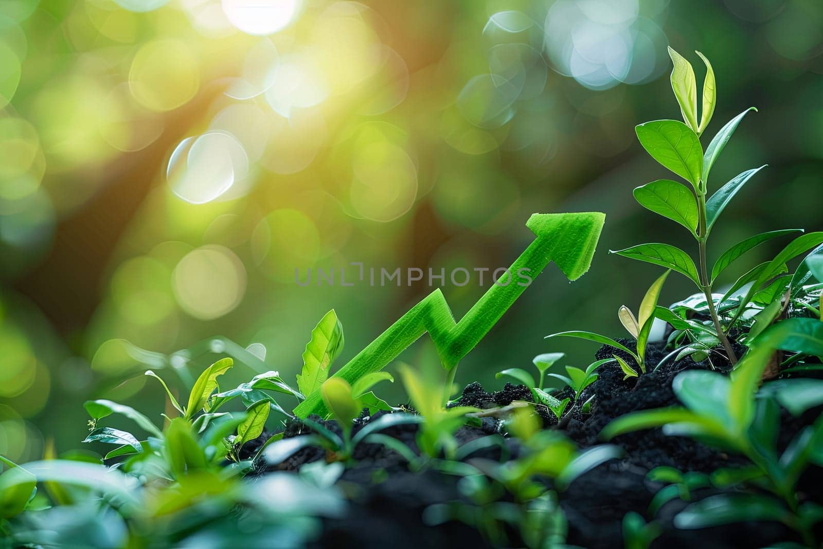 A green arrow pointing upward symbolizes the growing trend in sustainable investment, representing green finances and ecological practices.