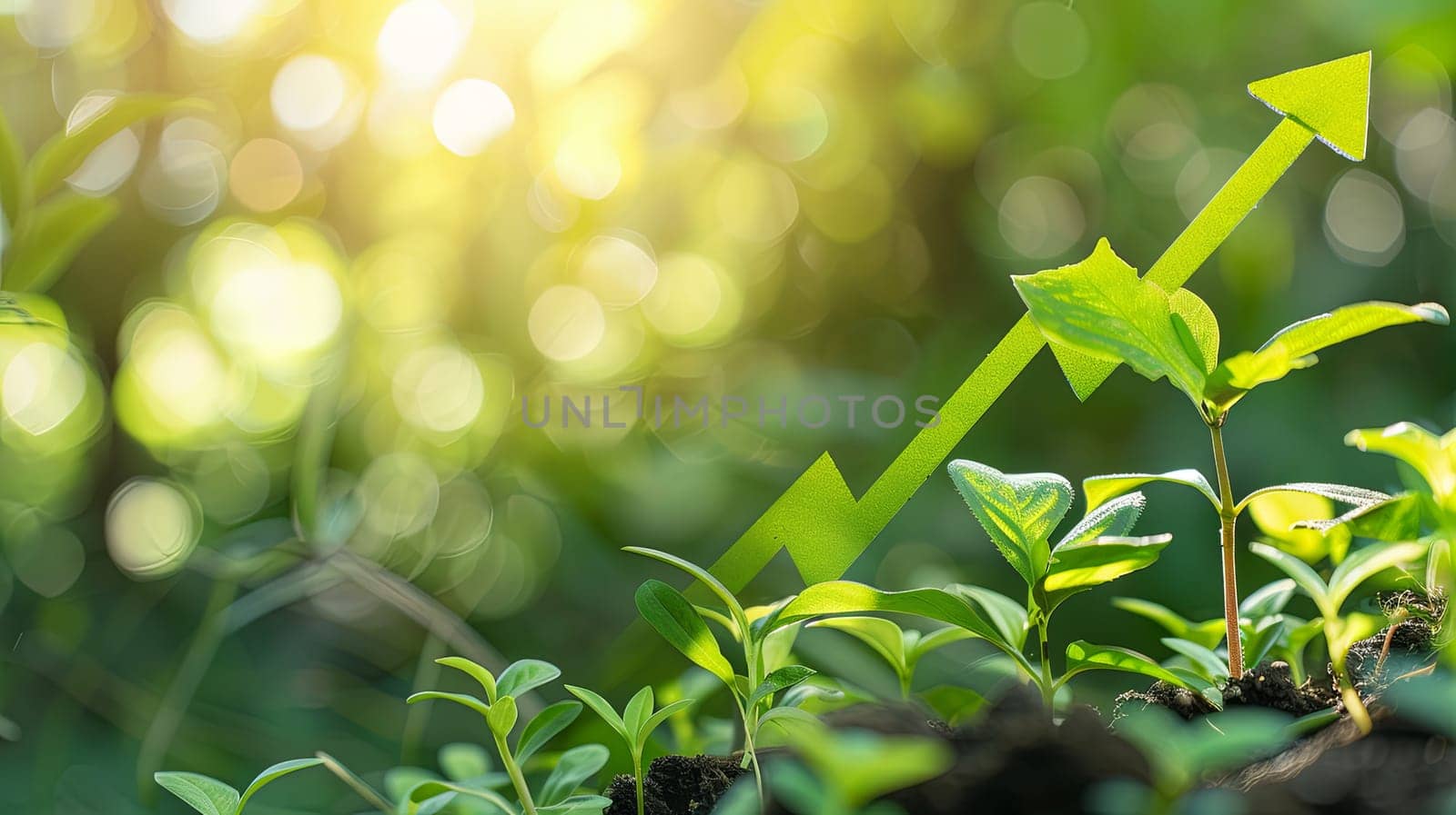 An upward arrow symbolizing the growth of sustainable investment, representing green finances and ecological practices. Generative AI by AnatoliiFoto