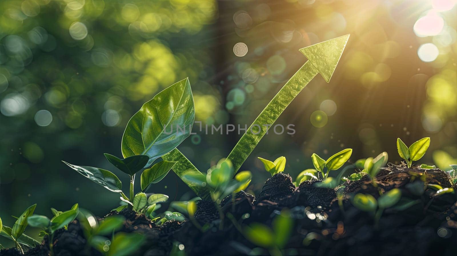 An upward arrow symbolizing the growing trend in sustainable investment, with young green plants in the foreground. Generative AI by AnatoliiFoto