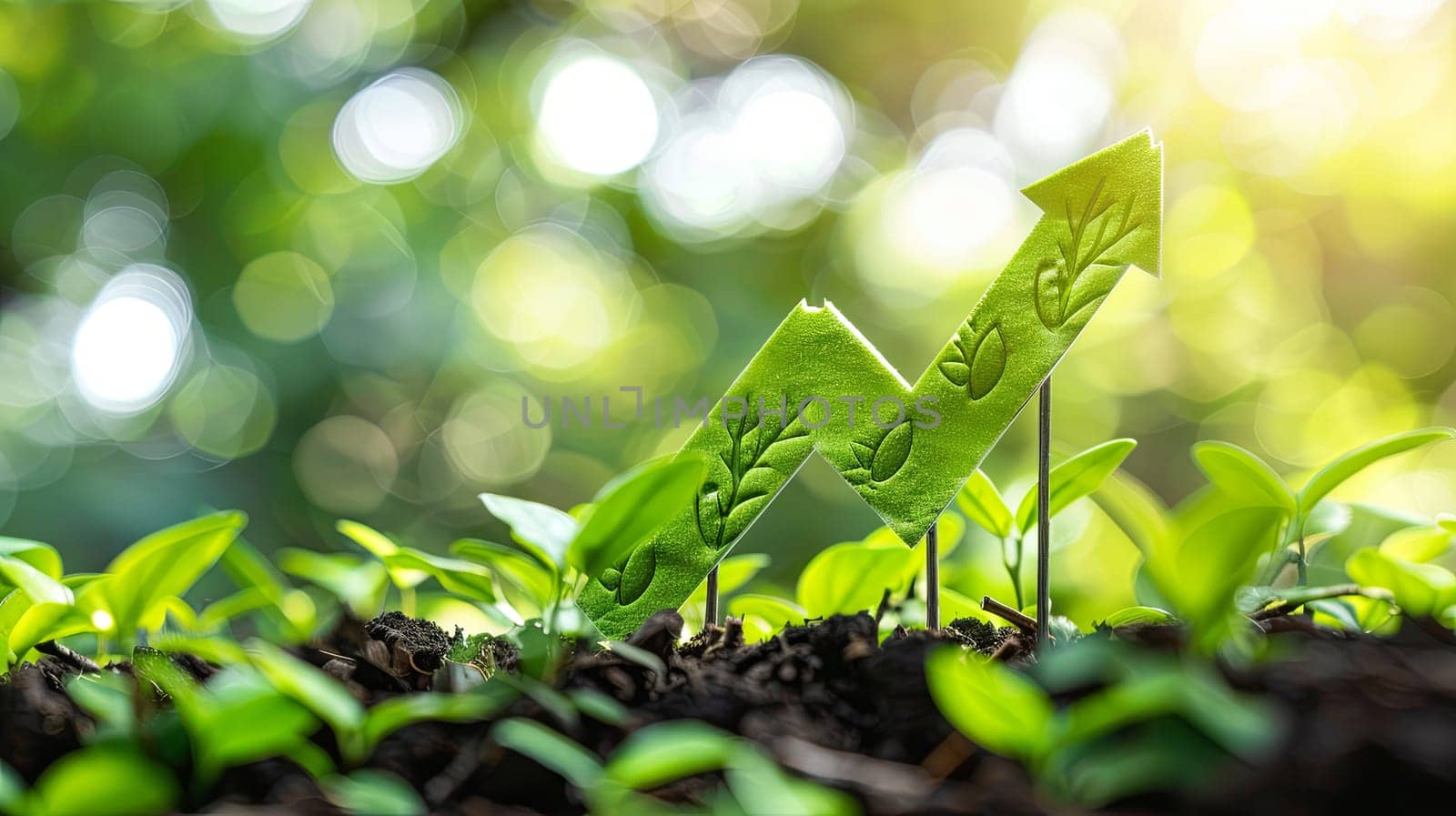 A green arrow symbolizing growth in sustainable investing, with young plants around it, showcasing the shift towards environmentally responsible investments.