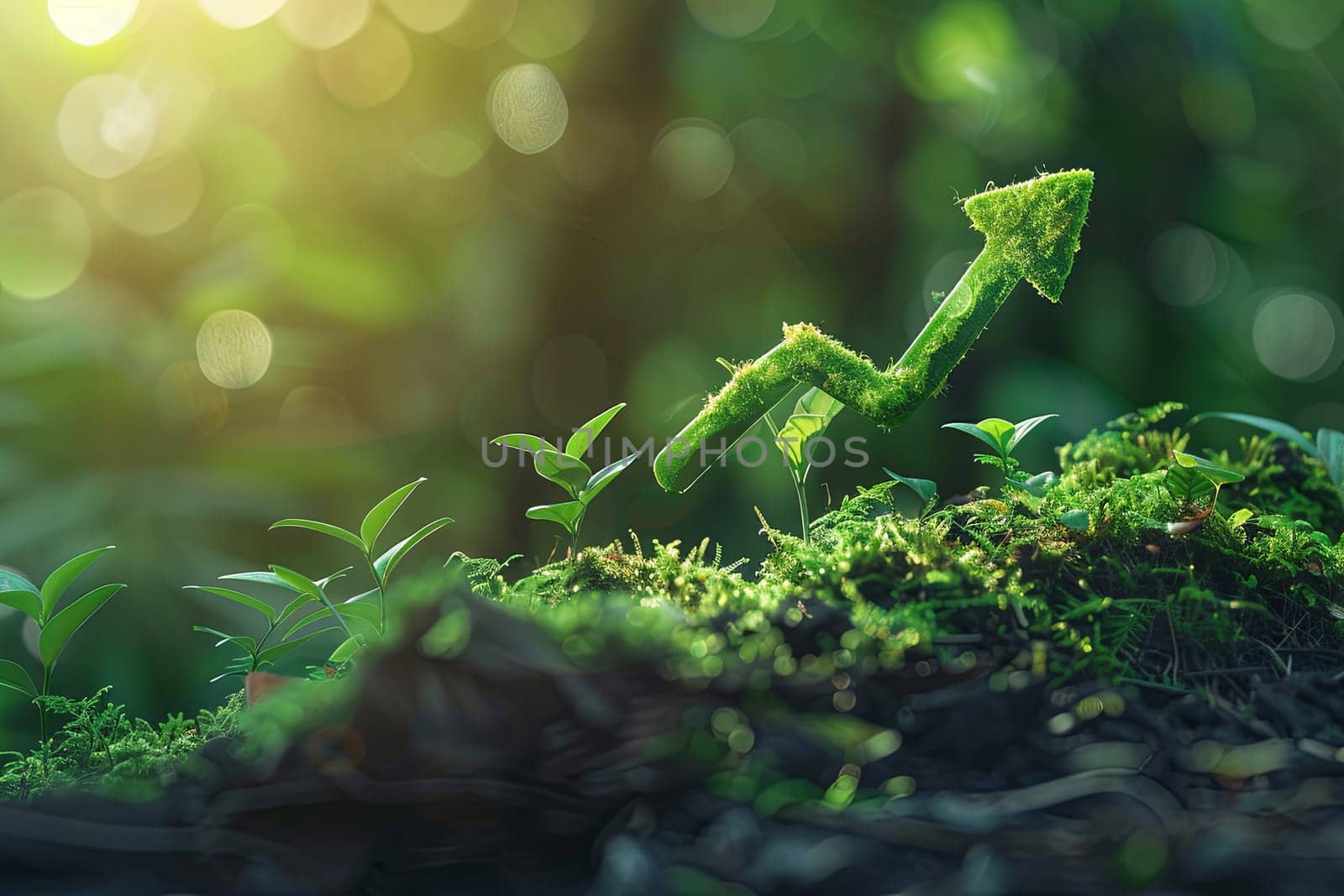 An upward arrow made of green foliage symbolizes the growing trend in sustainable investment. Generative AI by AnatoliiFoto