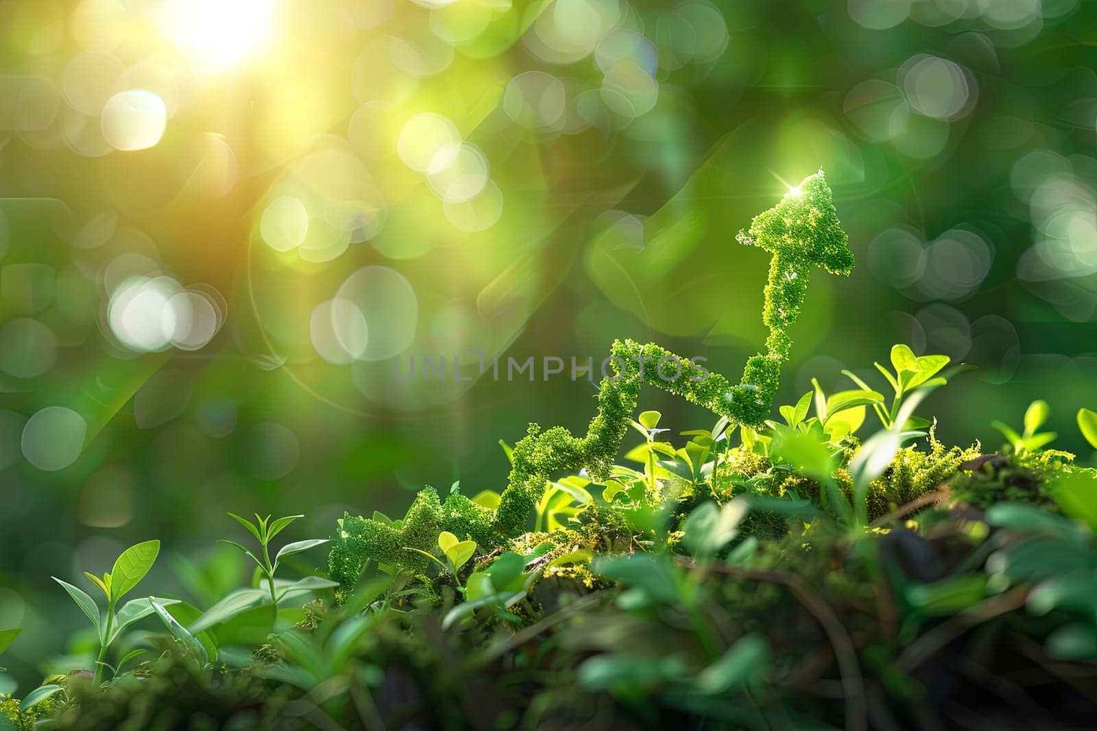 An upward arrow made of green foliage symbolizes the growing trend of sustainable investment, reflecting a shift towards environmentally responsible practices. Generative AI by AnatoliiFoto