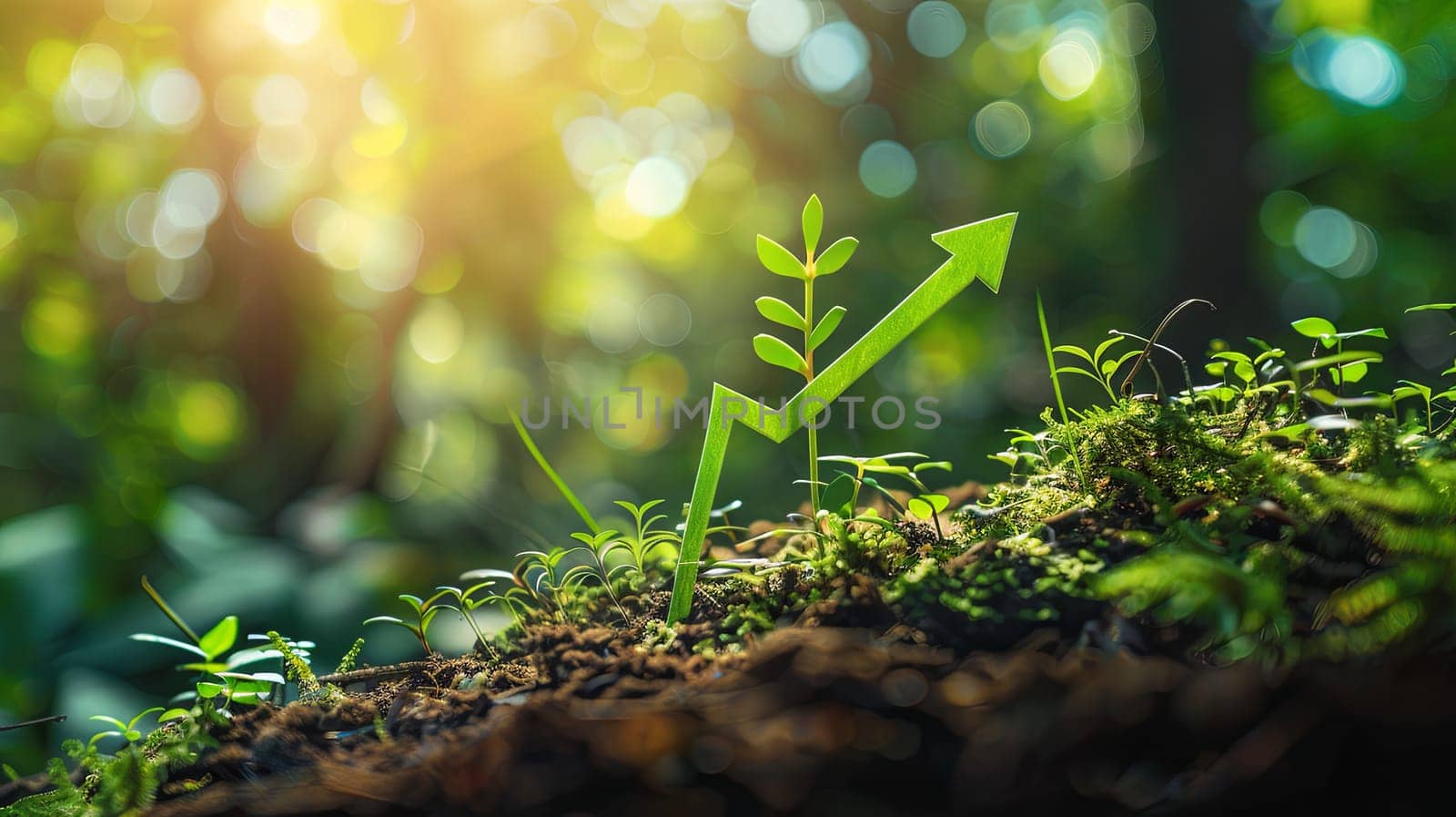 An upward arrow emerges from the forest floor, symbolizing the rise of sustainable investment and eco-friendly practices in green finances.