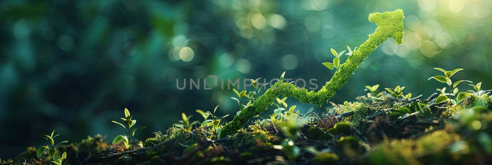 A green arrow emerges from lush foliage, symbolizing the rise of sustainable investments and the importance of green finances. Generative AI by AnatoliiFoto