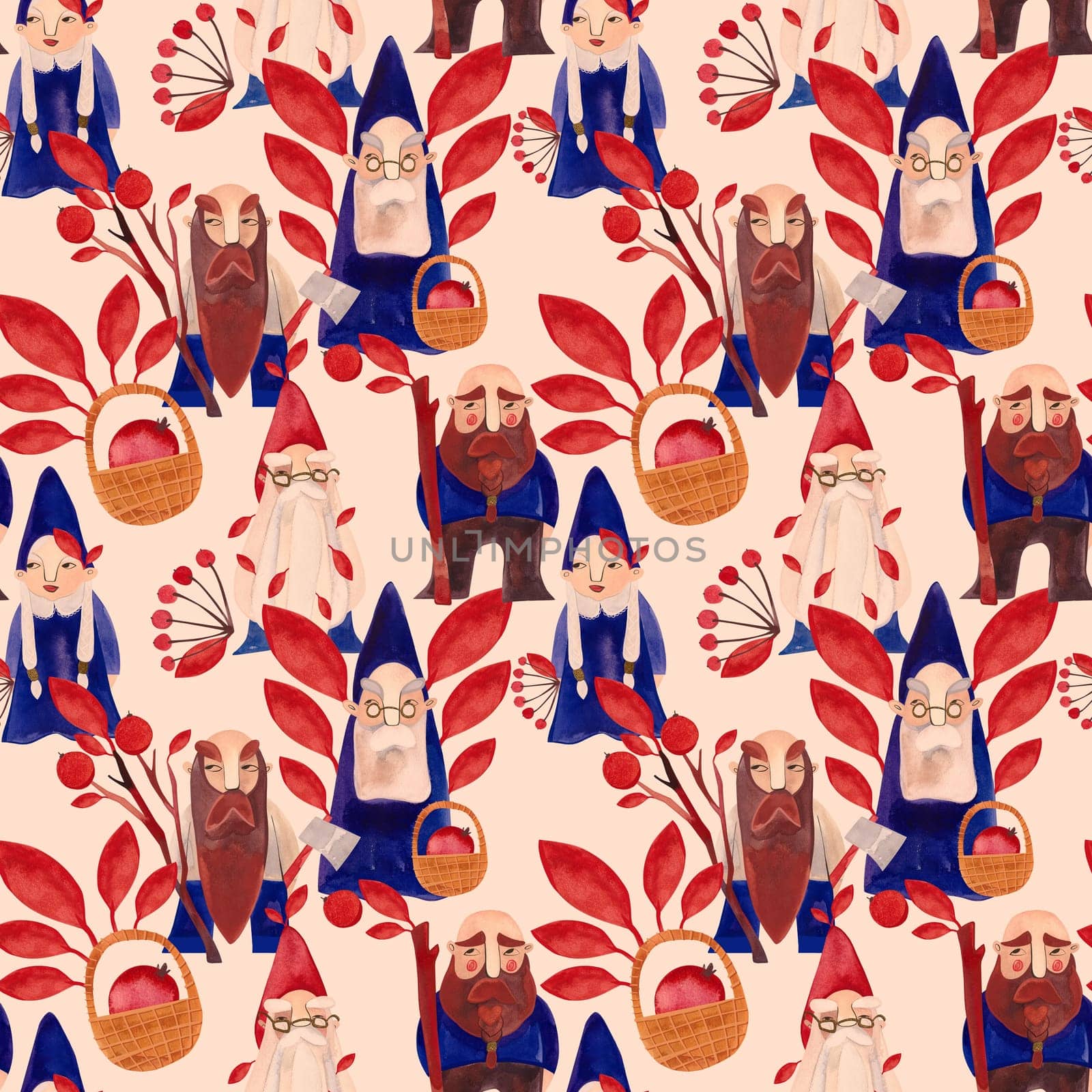 Autumn gnomes. Watercolor seamless pattern for fabrics, home textiles, clothes and wrapping paper. Fairytale vintage style. Beige background.