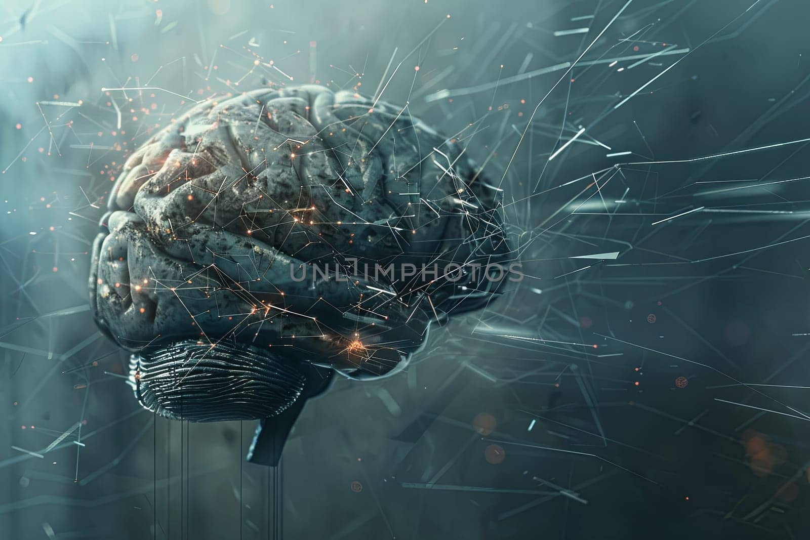 A stylized abstract illustration depicting a human brain with digital elements and neural networks, symbolizing the fusion of AI and human intelligence. Generative AI by AnatoliiFoto