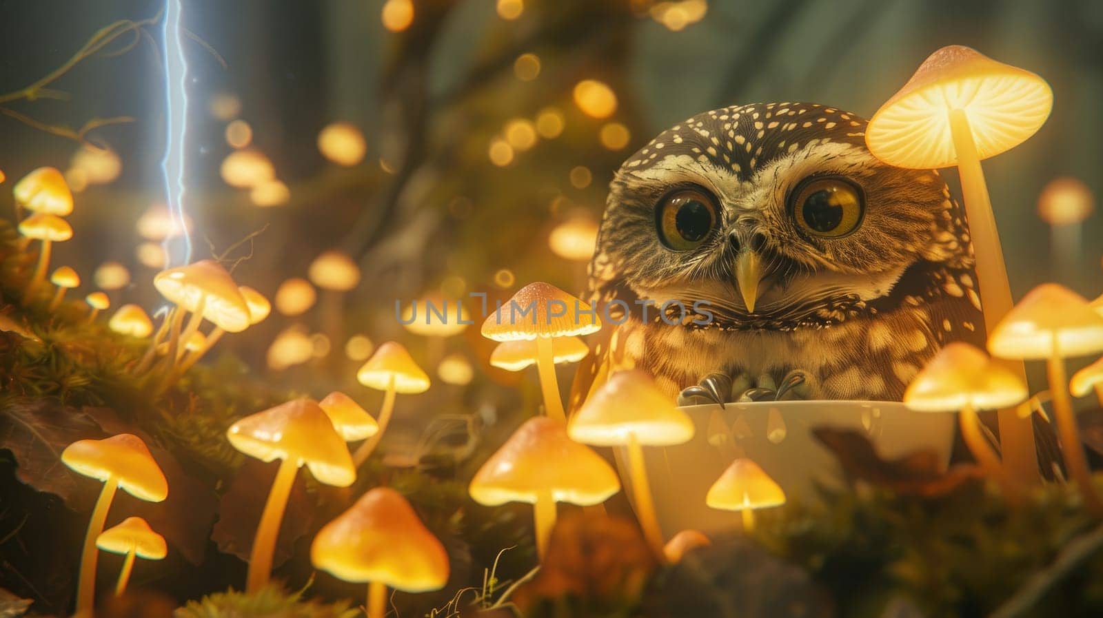 Burrowing Owl, peeking out from a teacup filled with glowing mushrooms, its surprised expression illuminated by Chawagen