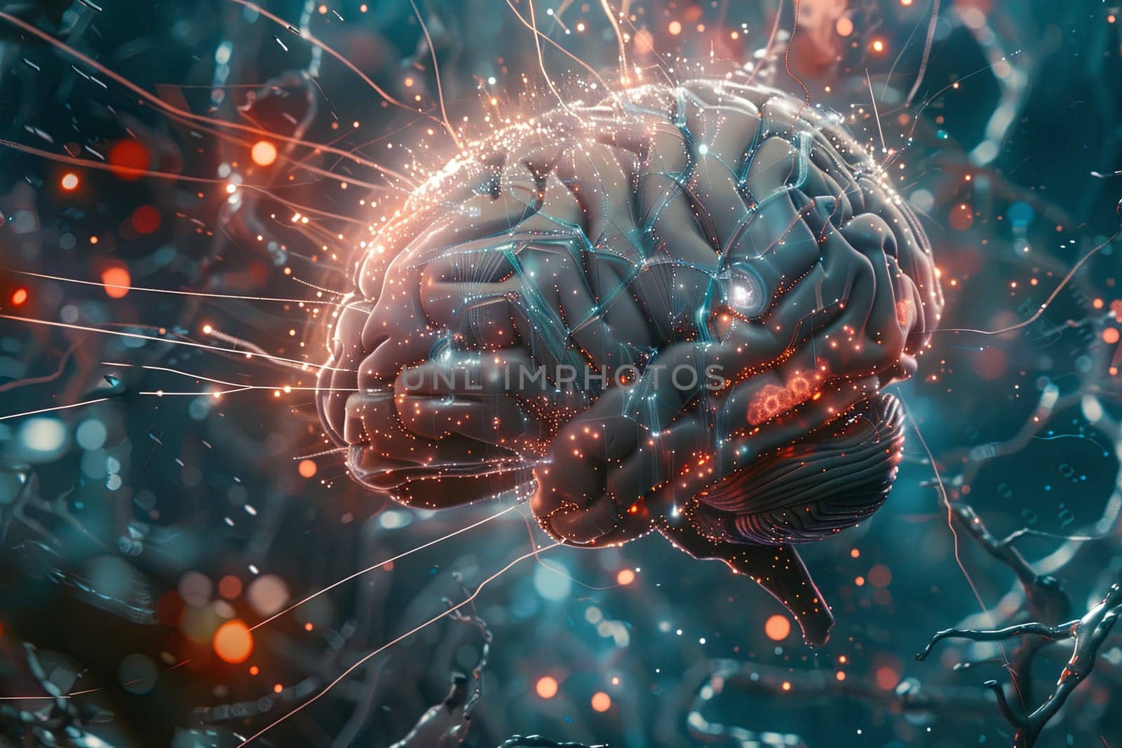 A futuristic abstract illustration of a human brain intertwined with digital elements and neural networks, symbolizing the fusion of human intelligence and AI. Generative AI by AnatoliiFoto