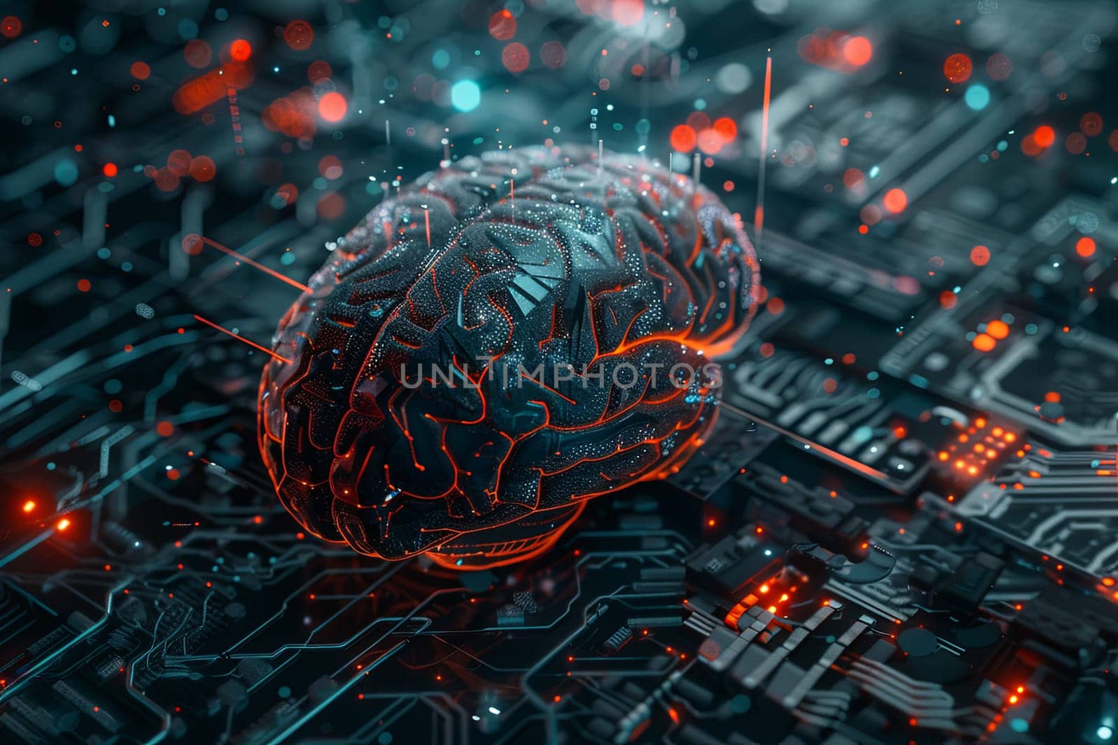 An abstract visualization of a human brain integrated with digital elements and neural networks, symbolizing the fusion of human intelligence and AI.