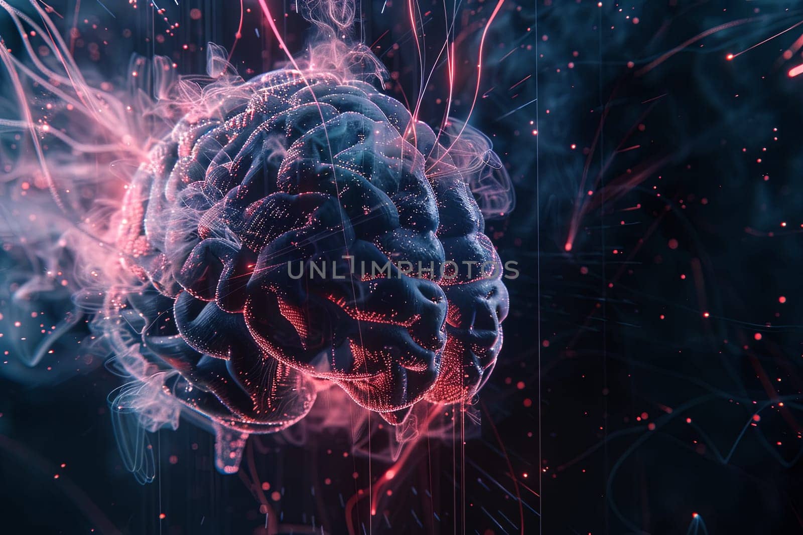 An abstract visualization of a human brain integrated with digital elements and neural networks, symbolizing the fusion of human intelligence and AI.